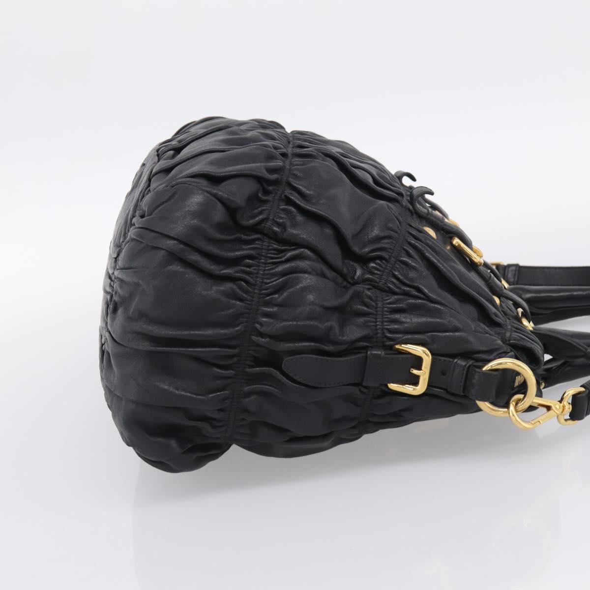 PRADA Gathered Hand Bag Leather 2way Black Gold Auth 213445V
