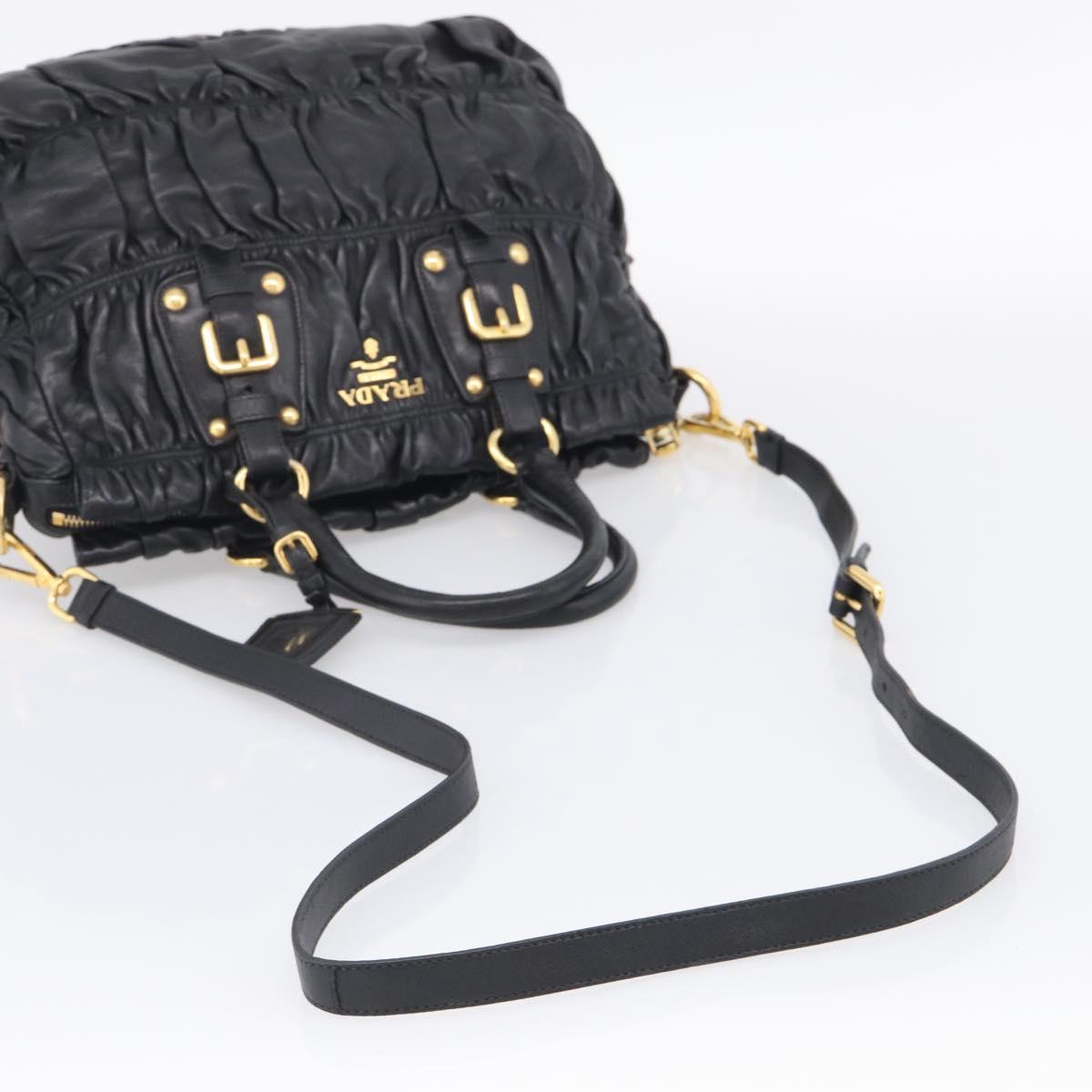 PRADA Gathered Hand Bag Leather 2way Black Gold Auth 213445V