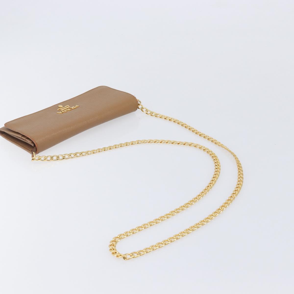 PRADA Chain Shoulder Wallet Leather Brown Gold Auth 213451