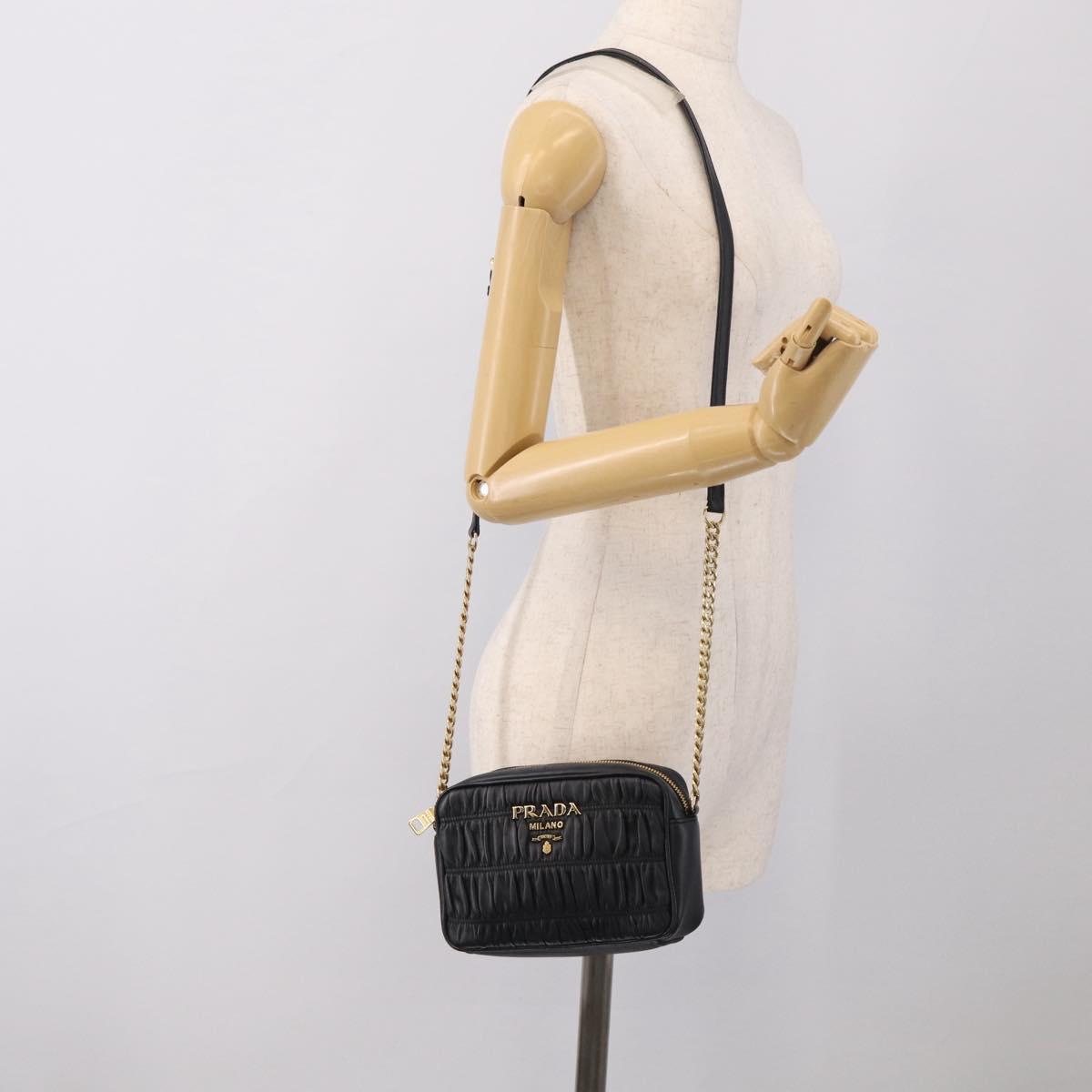 PRADA Gathered Chain Shoulder Bag Leather Black Gold Auth 213455V
