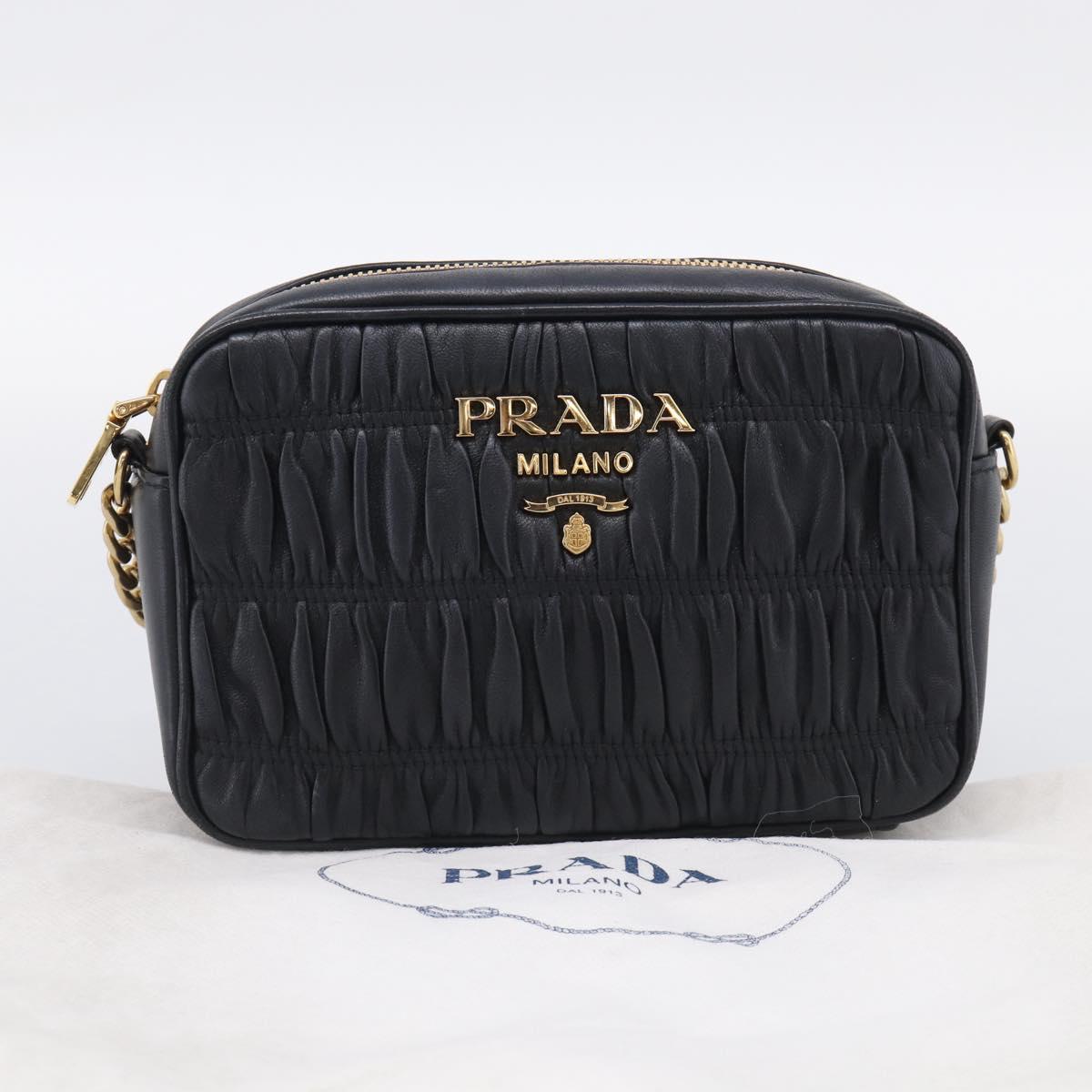 PRADA Gathered Chain Shoulder Bag Leather Black Gold Auth 213455V