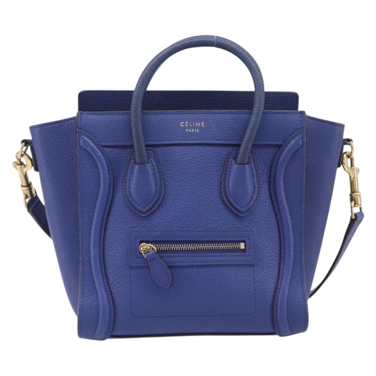 CELINE Luggage Nano Shopper Hand Bag Leather 2way Blue Gold Auth 213458A
