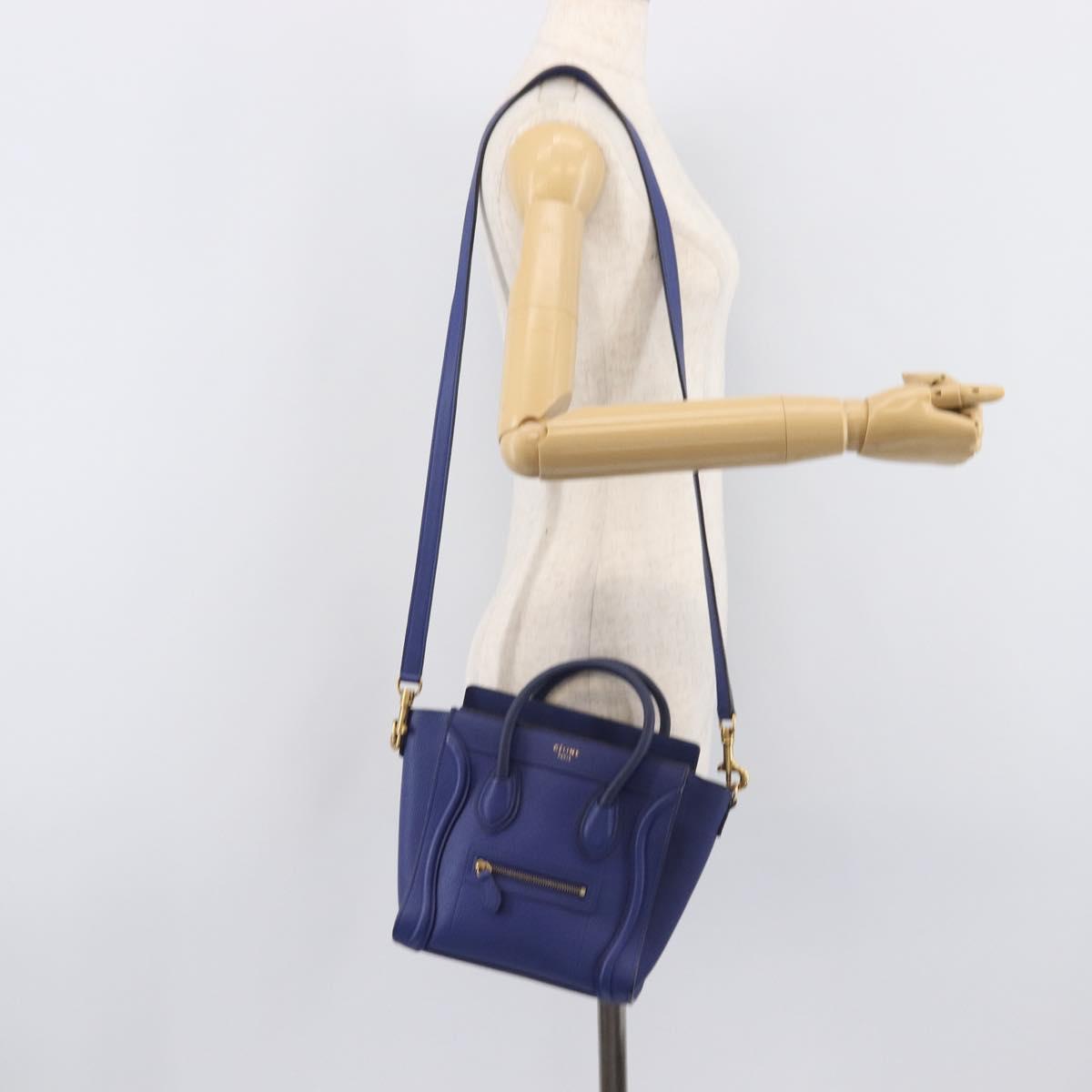 CELINE Luggage Nano Shopper Hand Bag Leather 2way Blue Gold Auth 213458A