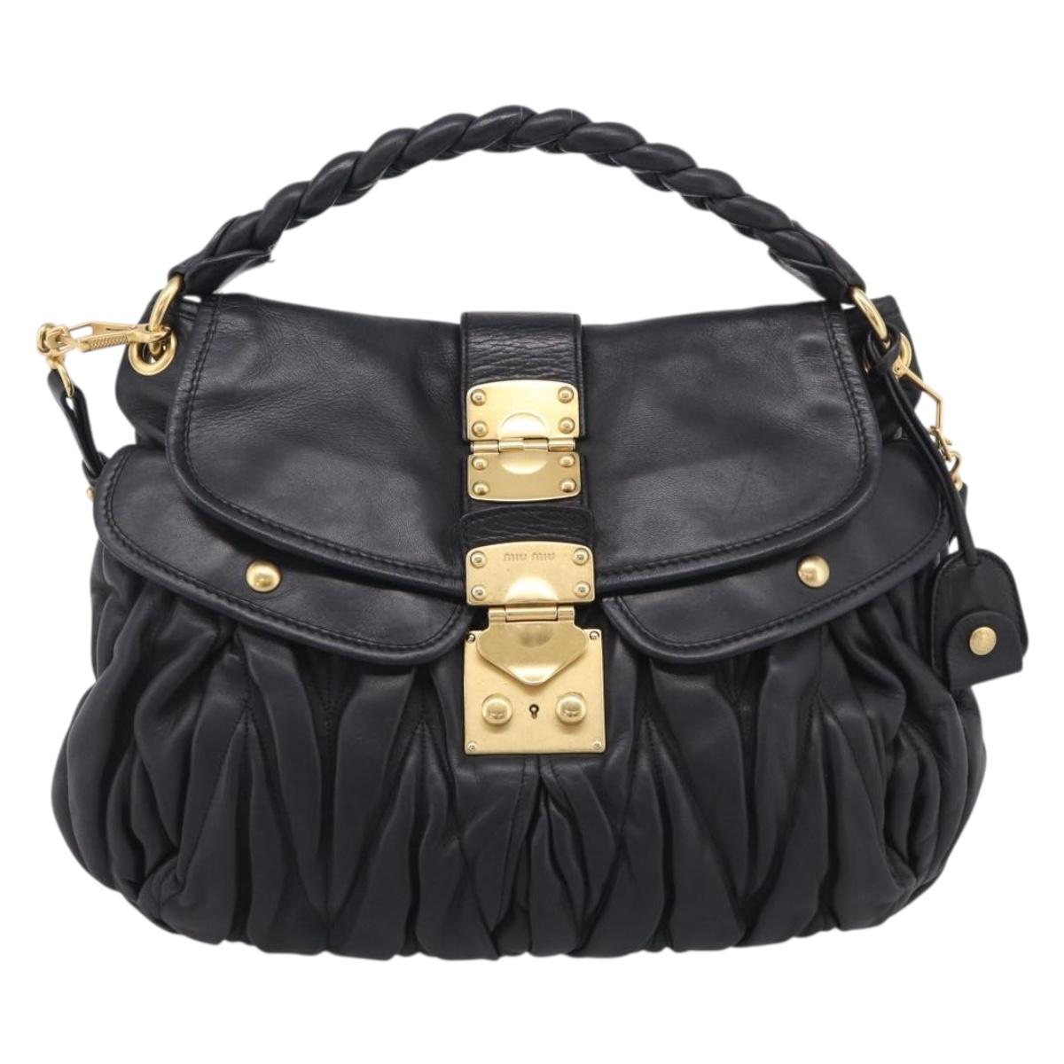Miu Miu Gathered Hand Bag Leather 2way Black Gold Auth 213459V