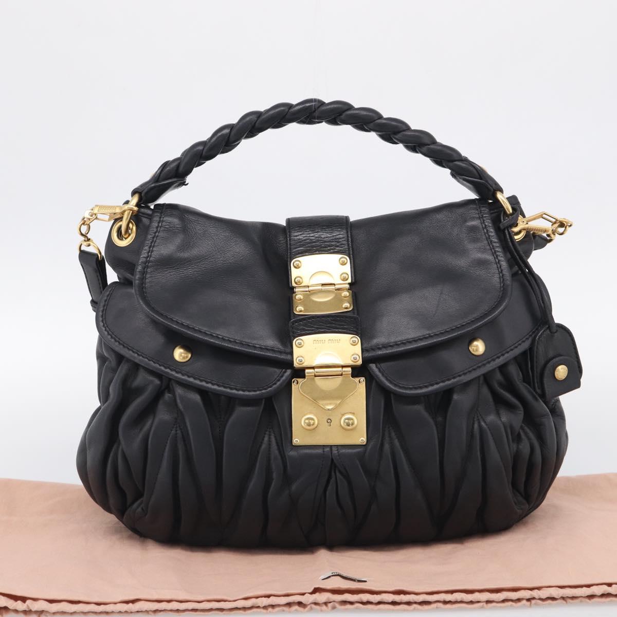 Miu Miu Gathered Hand Bag Leather 2way Black Gold Auth 213459V
