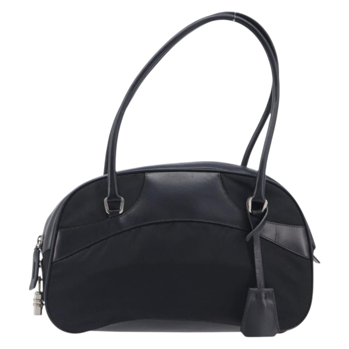 PRADA Hand Bag Nylon Leather Black Silver Auth 213463A