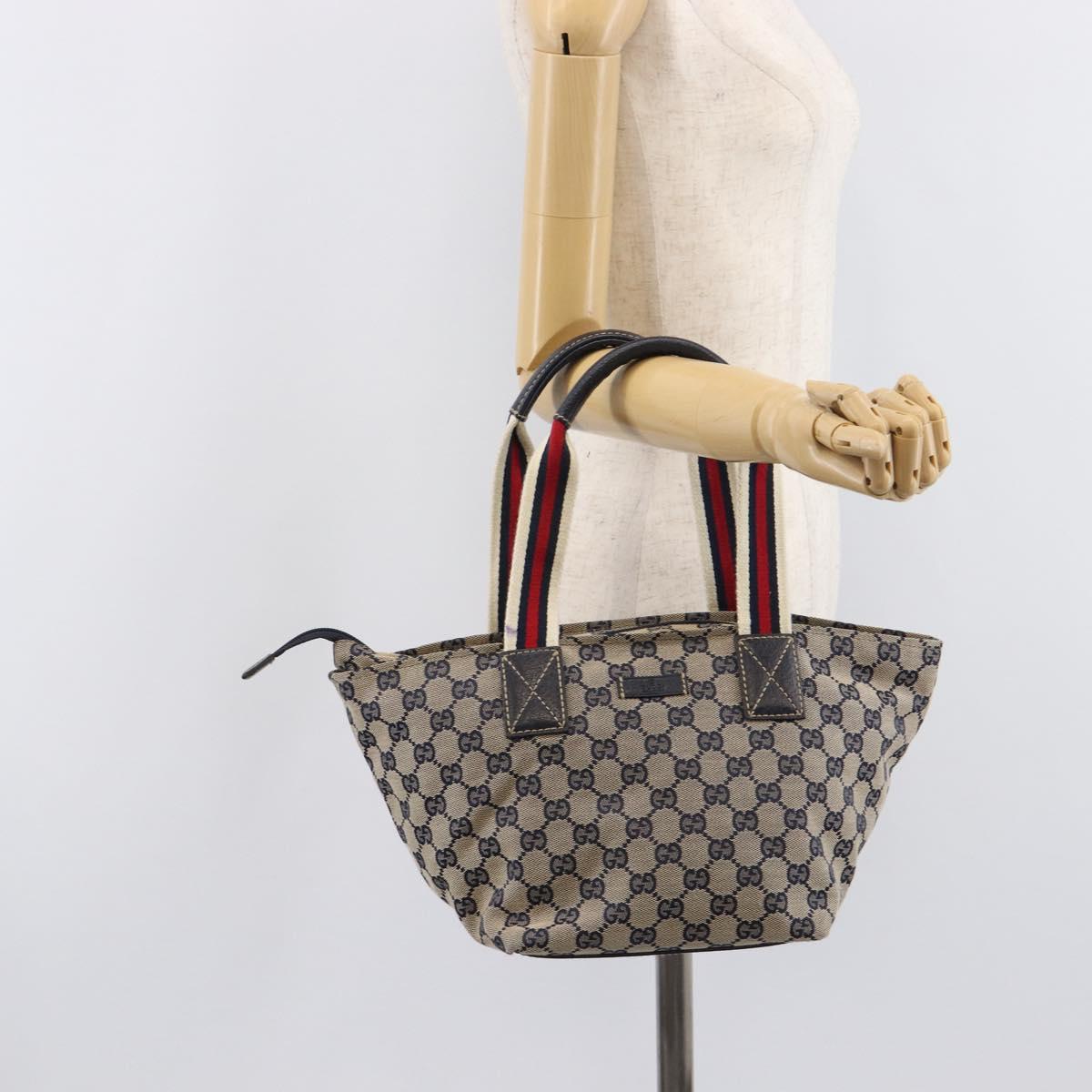 GUCCI GG Canvas Sherry Line Hand Bag Navy Silver 131228 Auth 213464A