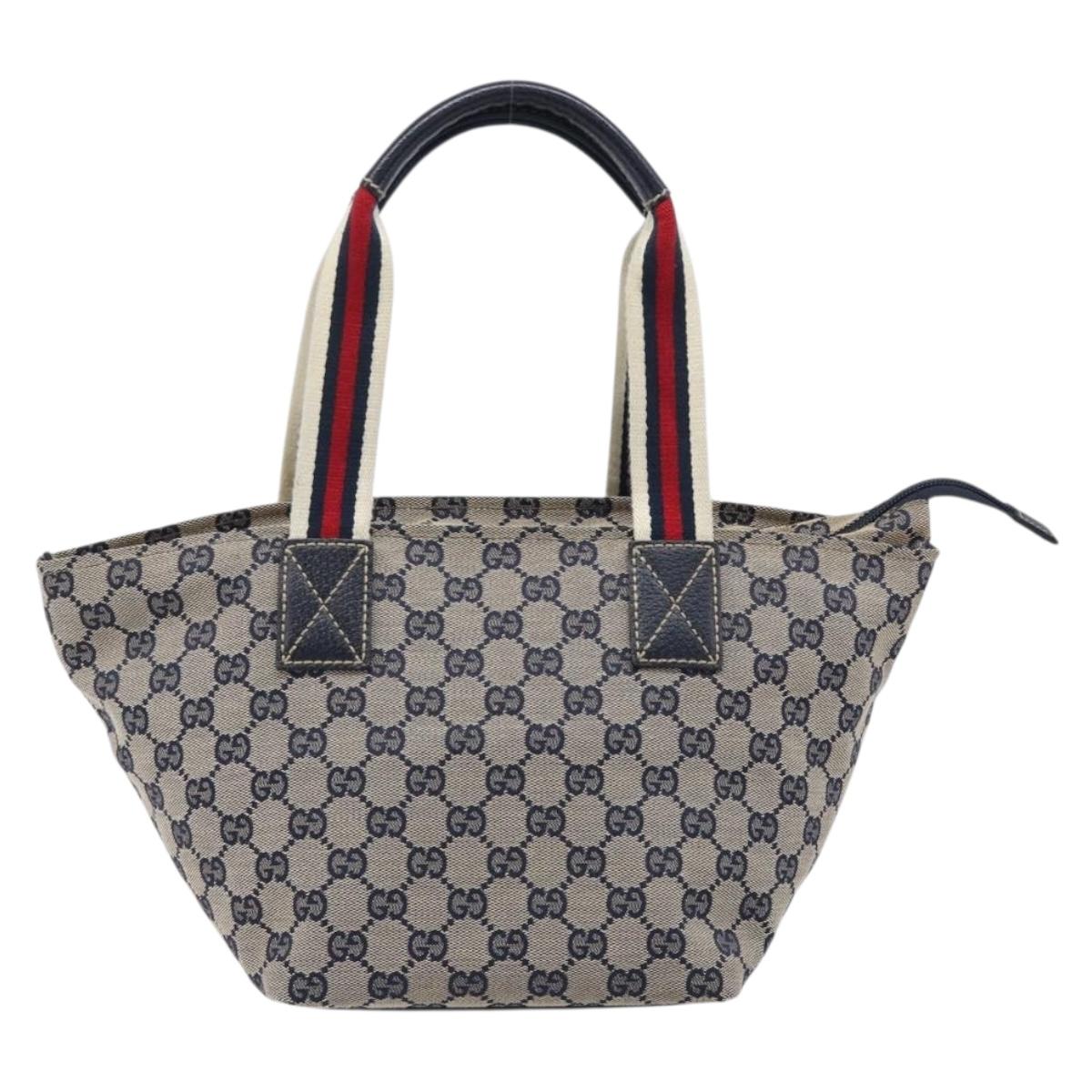 GUCCI GG Canvas Sherry Line Hand Bag Navy Silver 131228 Auth 213464A