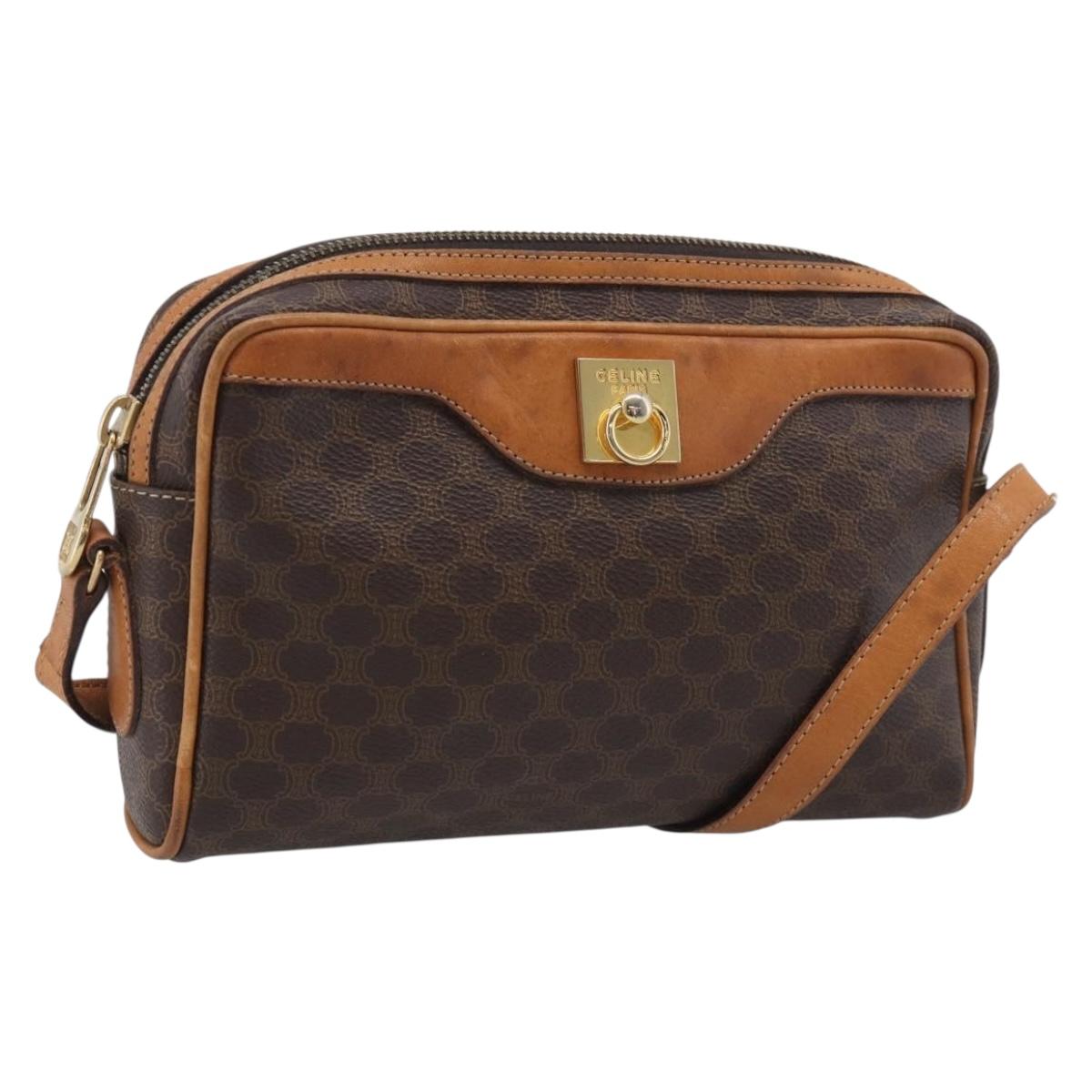 CELINE Macadam Canvas Shoulder Bag PVC Leather Brown Gold Auth 213471