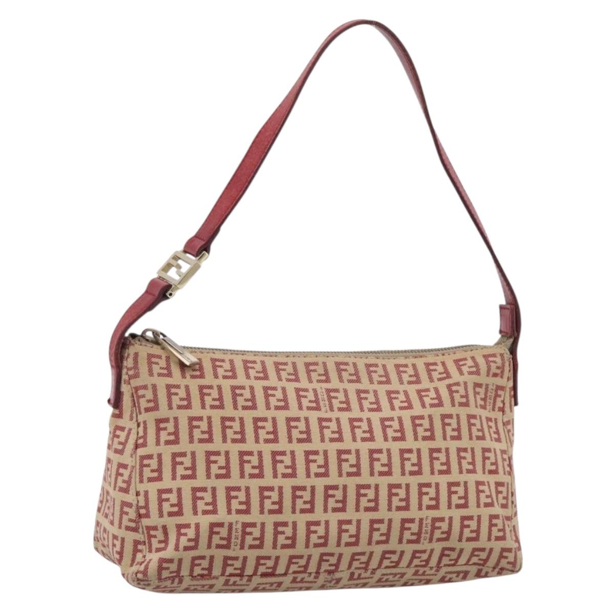 FENDI Zucchino Canvas Shoulder Bag Red Gold 8BR444 Auth 213481