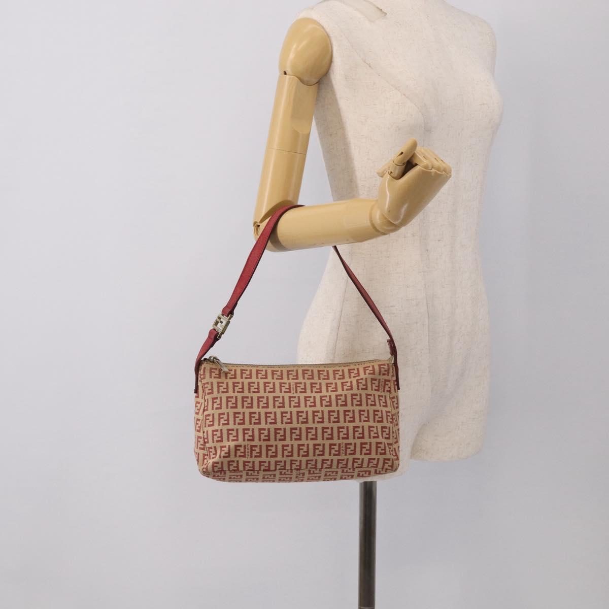 FENDI Zucchino Canvas Shoulder Bag Red Gold 8BR444 Auth 213481