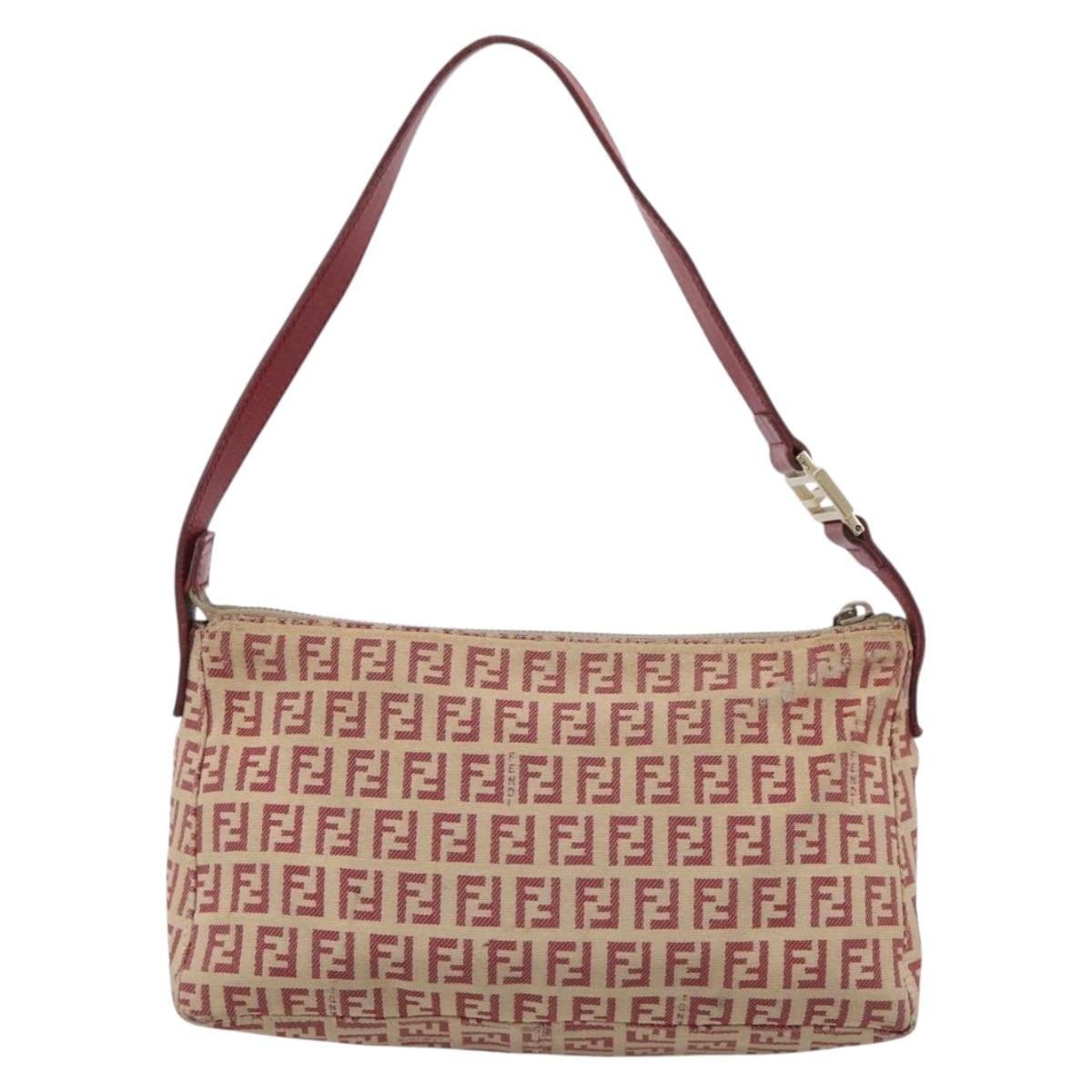 FENDI Zucchino Canvas Shoulder Bag Red Gold 8BR444 Auth 213481