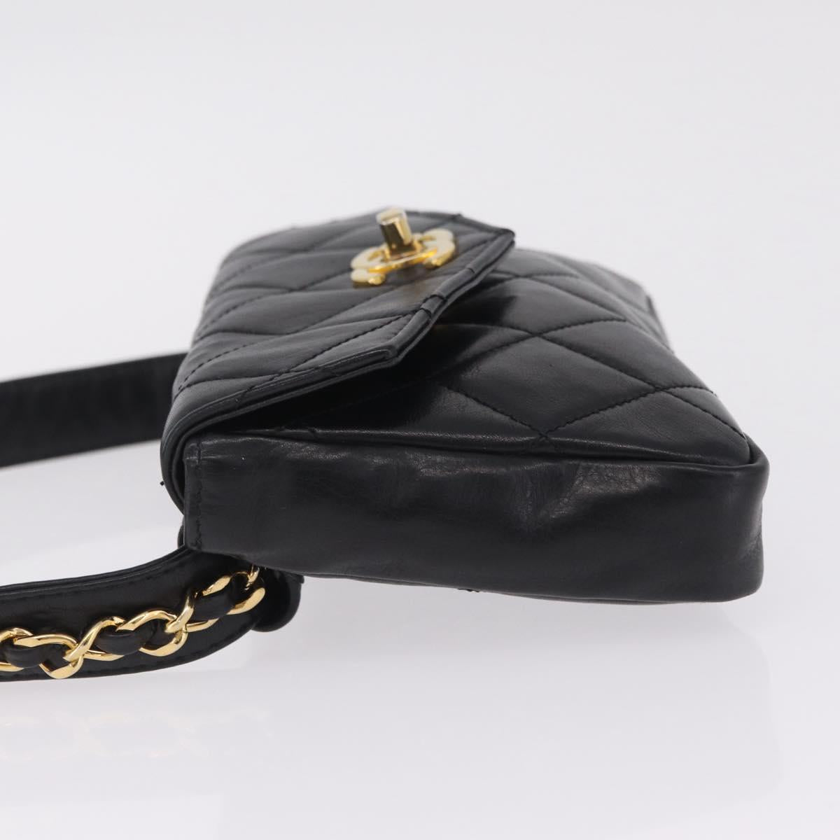 CHANEL Matelasse Waist bag Lamb Skin Black Gold CC Auth 213484
