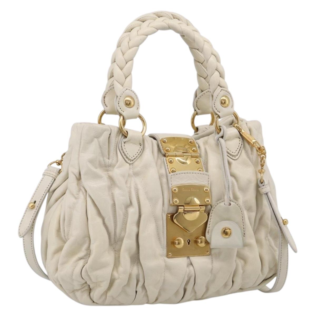 Miu Miu Matelasse Hand Bag Leather 2way White Gold Auth 213588V
