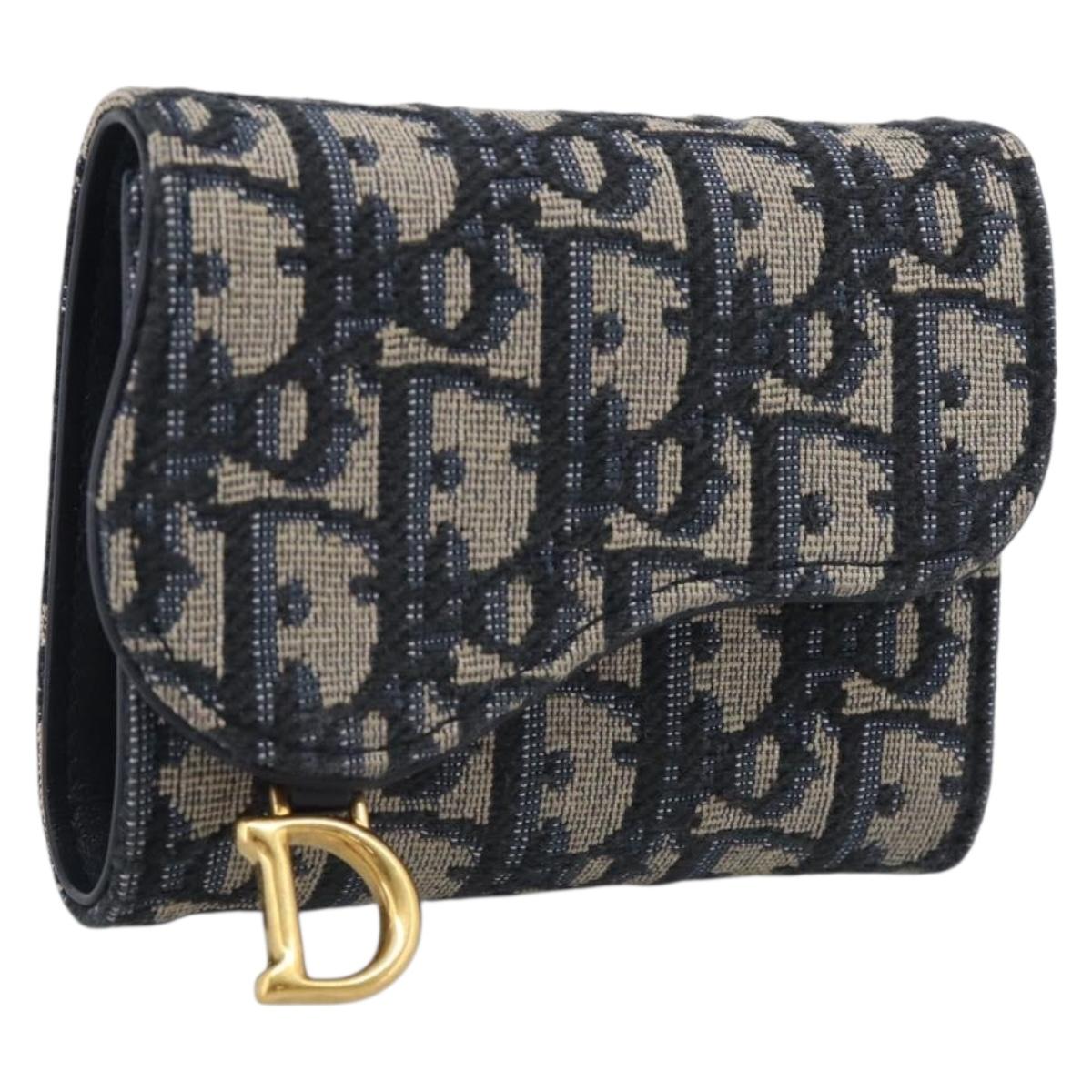 Christian Dior Trotter Canvas Saddle Compact Wallet Navy Gold Auth 213889V