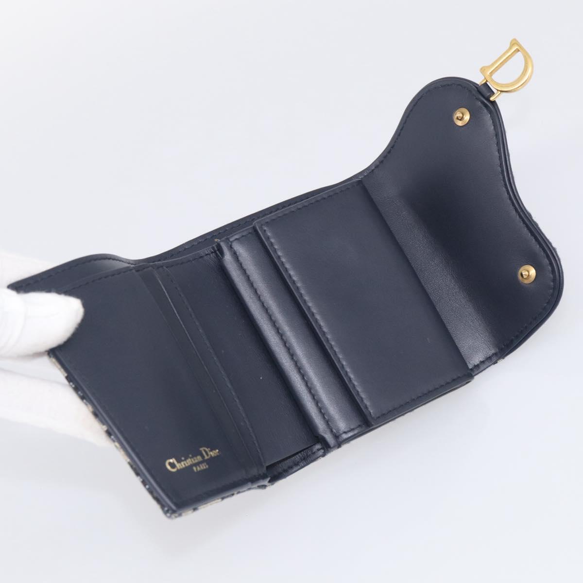 Christian Dior Trotter Canvas Saddle Compact Wallet Navy Gold Auth 213889V