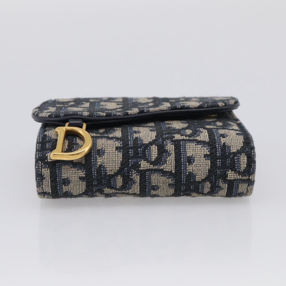 Christian Dior Trotter Canvas Saddle Compact Wallet Navy Gold Auth 213889V