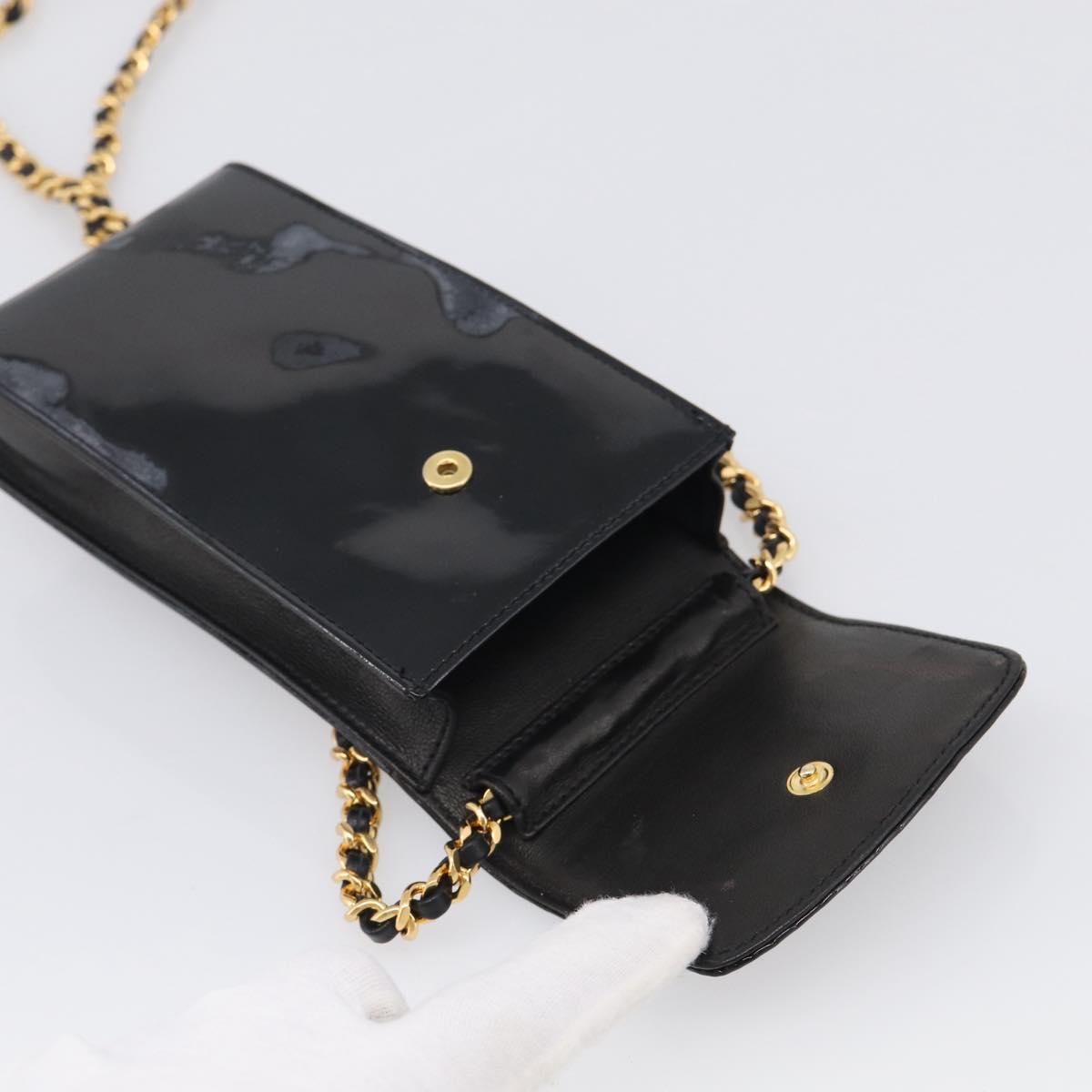 CHANEL Chain Shoulder Pouch Patent Leather Black Gold CC Auth 213890