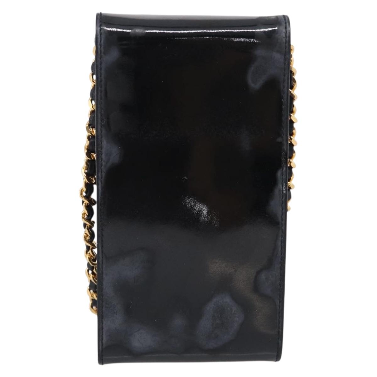 CHANEL Chain Shoulder Pouch Patent Leather Black Gold CC Auth 213890