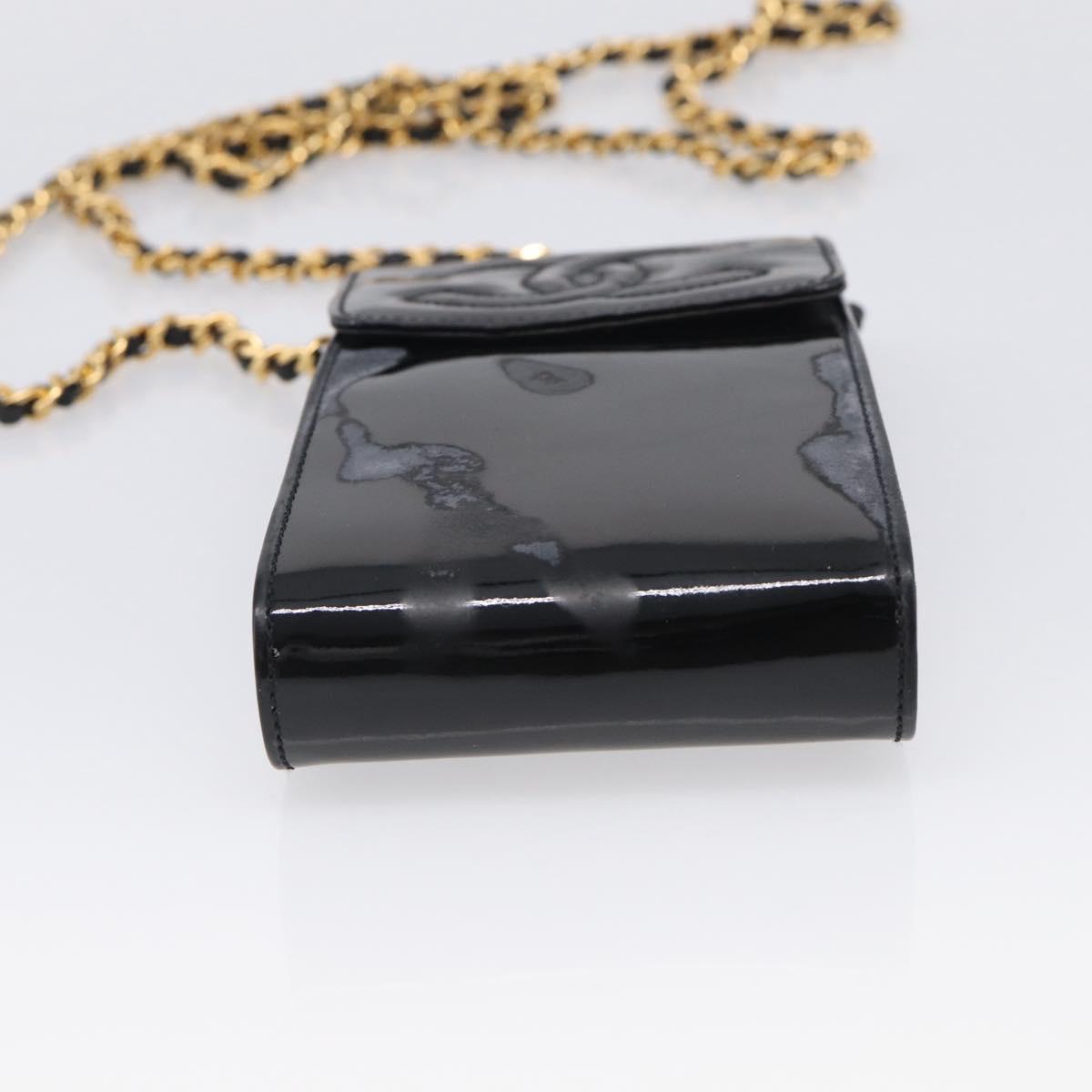 CHANEL Chain Shoulder Pouch Patent Leather Black Gold CC Auth 213890