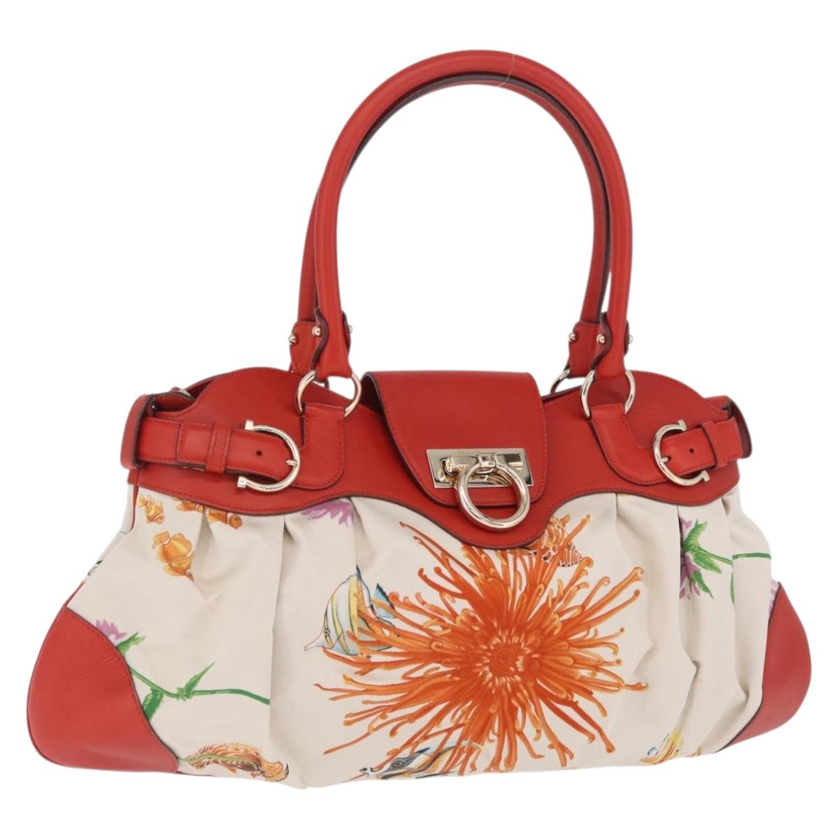 Salvatore Ferragamo Gancini Hand Bag Satin Red Gold Auth 213898V