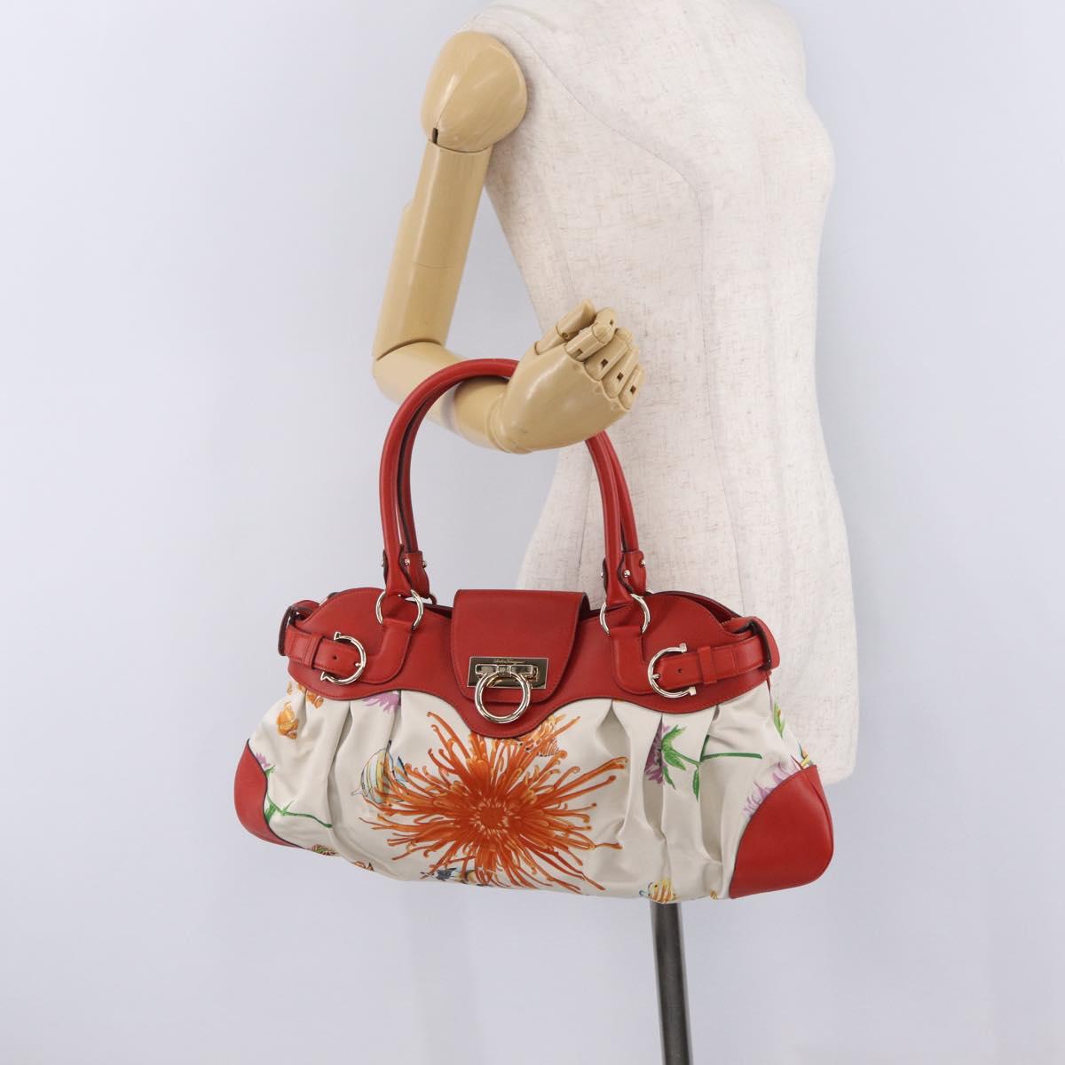 Salvatore Ferragamo Gancini Hand Bag Satin Red Gold Auth 213898V
