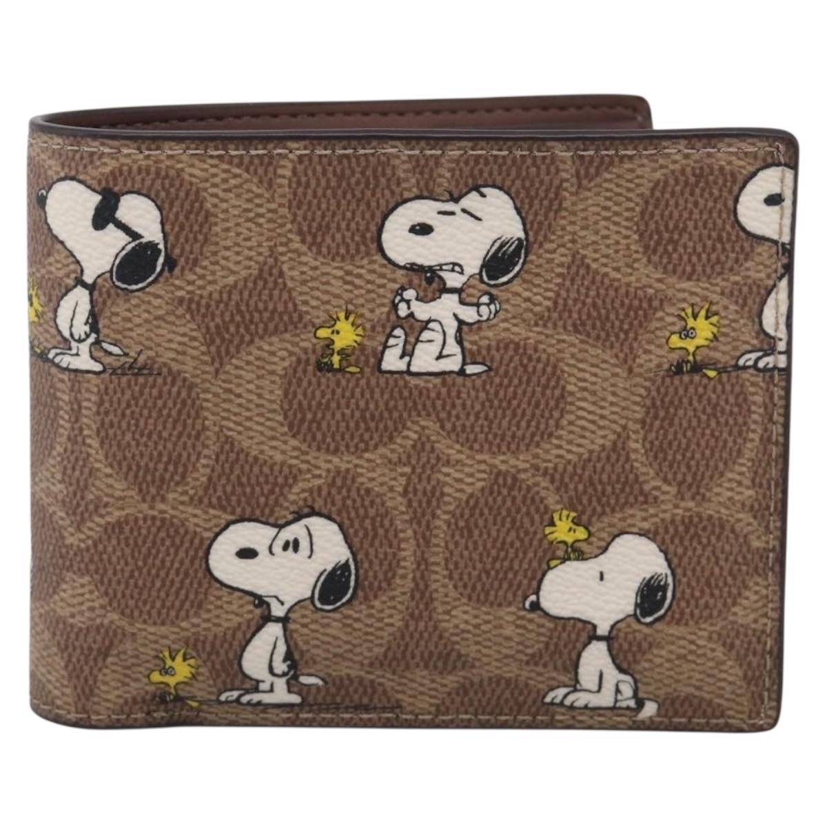 Coach Compact Wallet PEANUTS Collaboration Leather Beige Auth 213905V