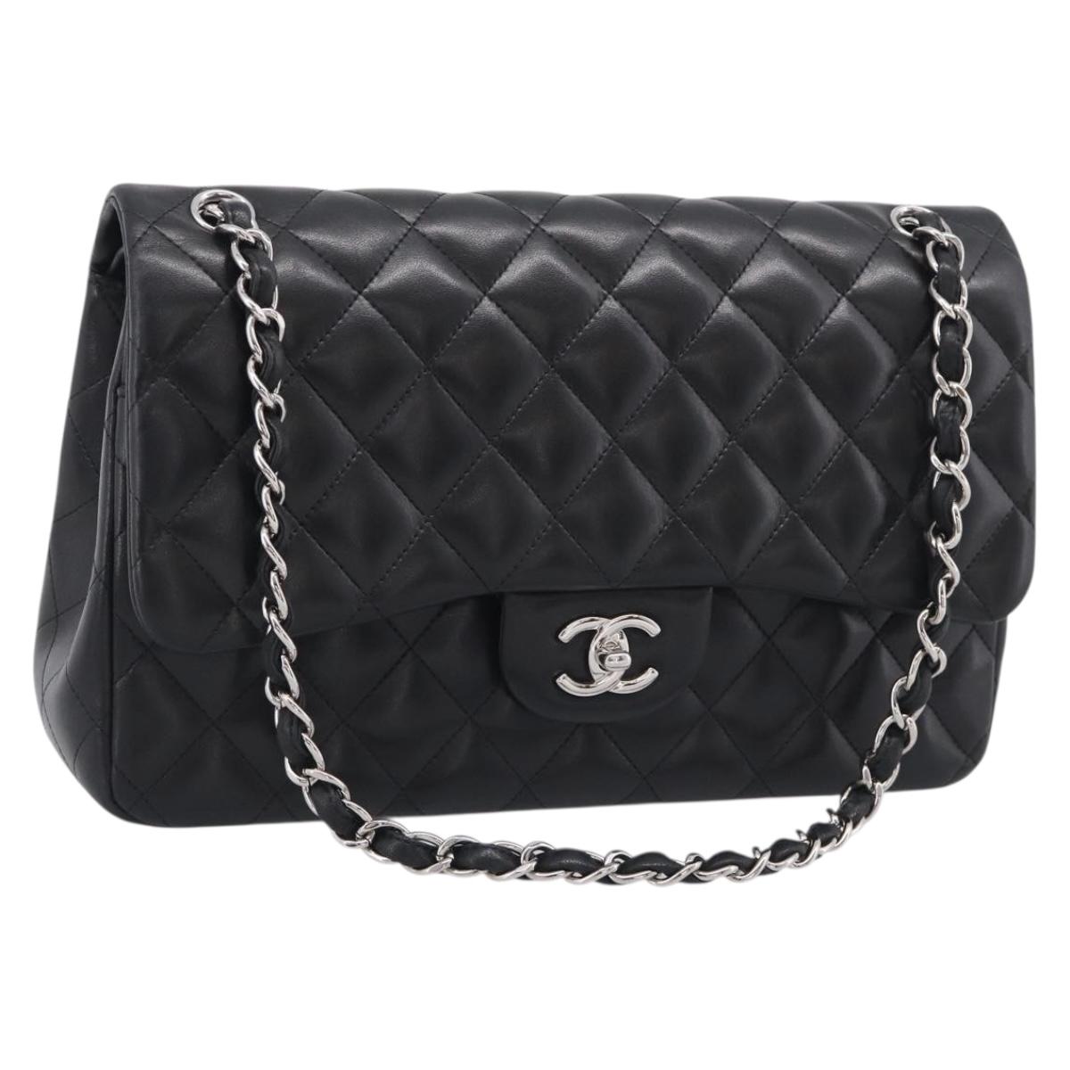CHANEL Big Matelasse30 Chain Bag Lamb Skin Black Silver CC Auth 213916SAM