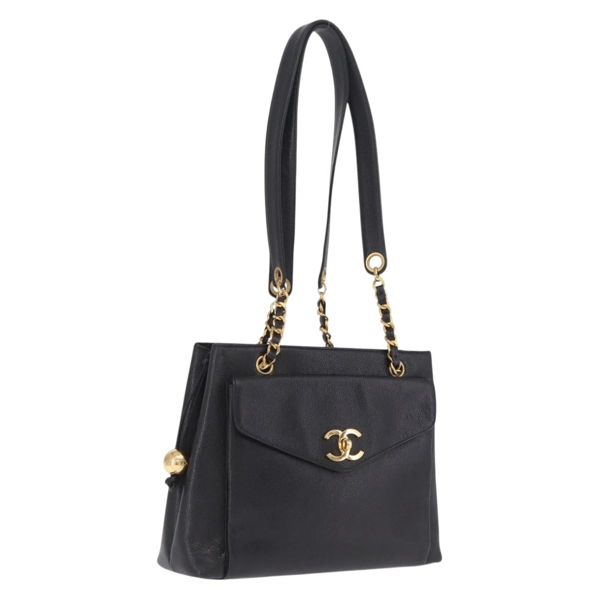 CHANEL Chain Shoulder Tote Bag Caviar Skin Black Gold CC Auth 213926V