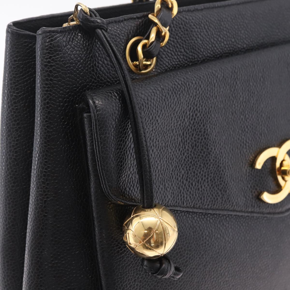 CHANEL Chain Shoulder Tote Bag Caviar Skin Black Gold CC Auth 213926V