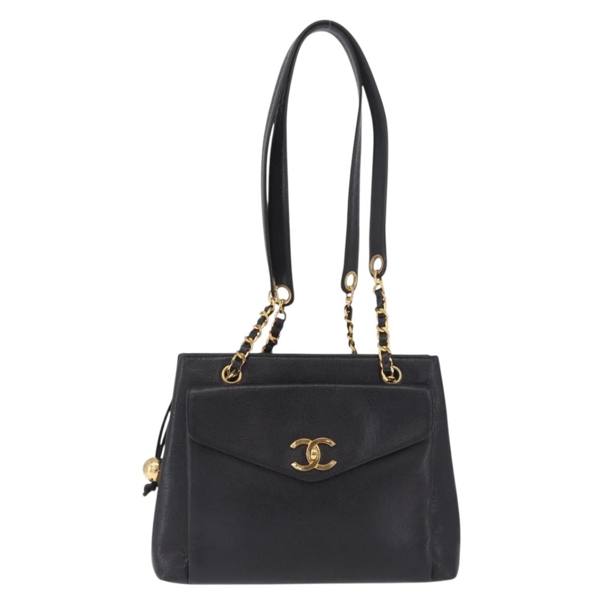 CHANEL Chain Shoulder Tote Bag Caviar Skin Black Gold CC Auth 213926V