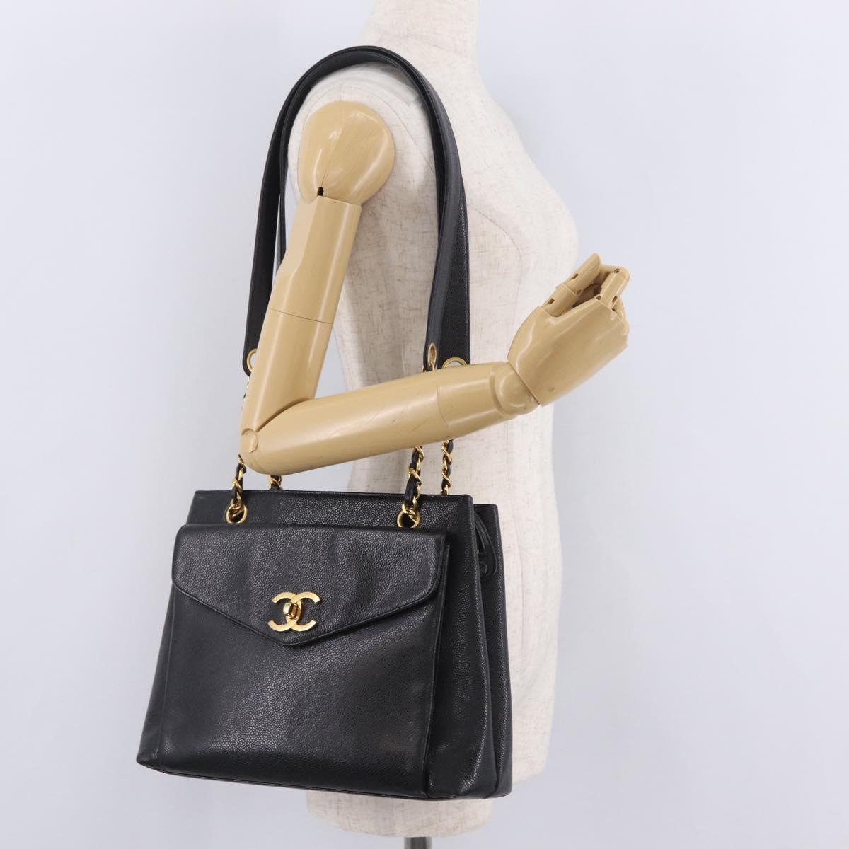 CHANEL Chain Shoulder Tote Bag Caviar Skin Black Gold CC Auth 213926V