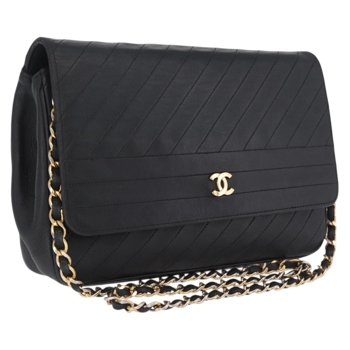 CHANEL Bias Stitch Chain Shoulder Bag Lamb Skin Black Gold CC Auth 213945A