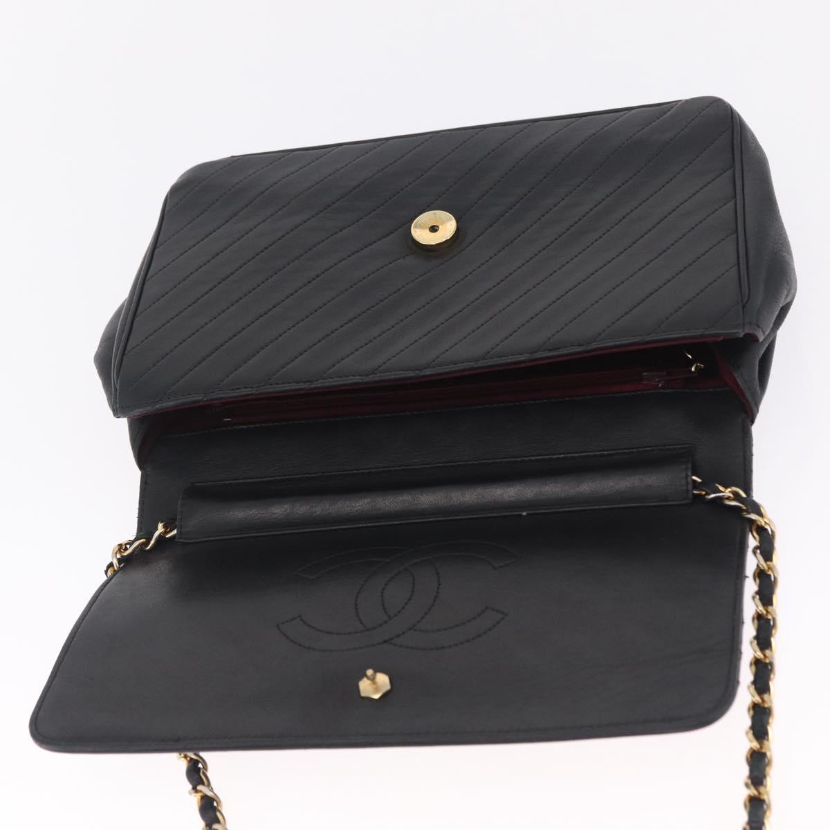 CHANEL Bias Stitch Chain Shoulder Bag Lamb Skin Black Gold CC Auth 213945A