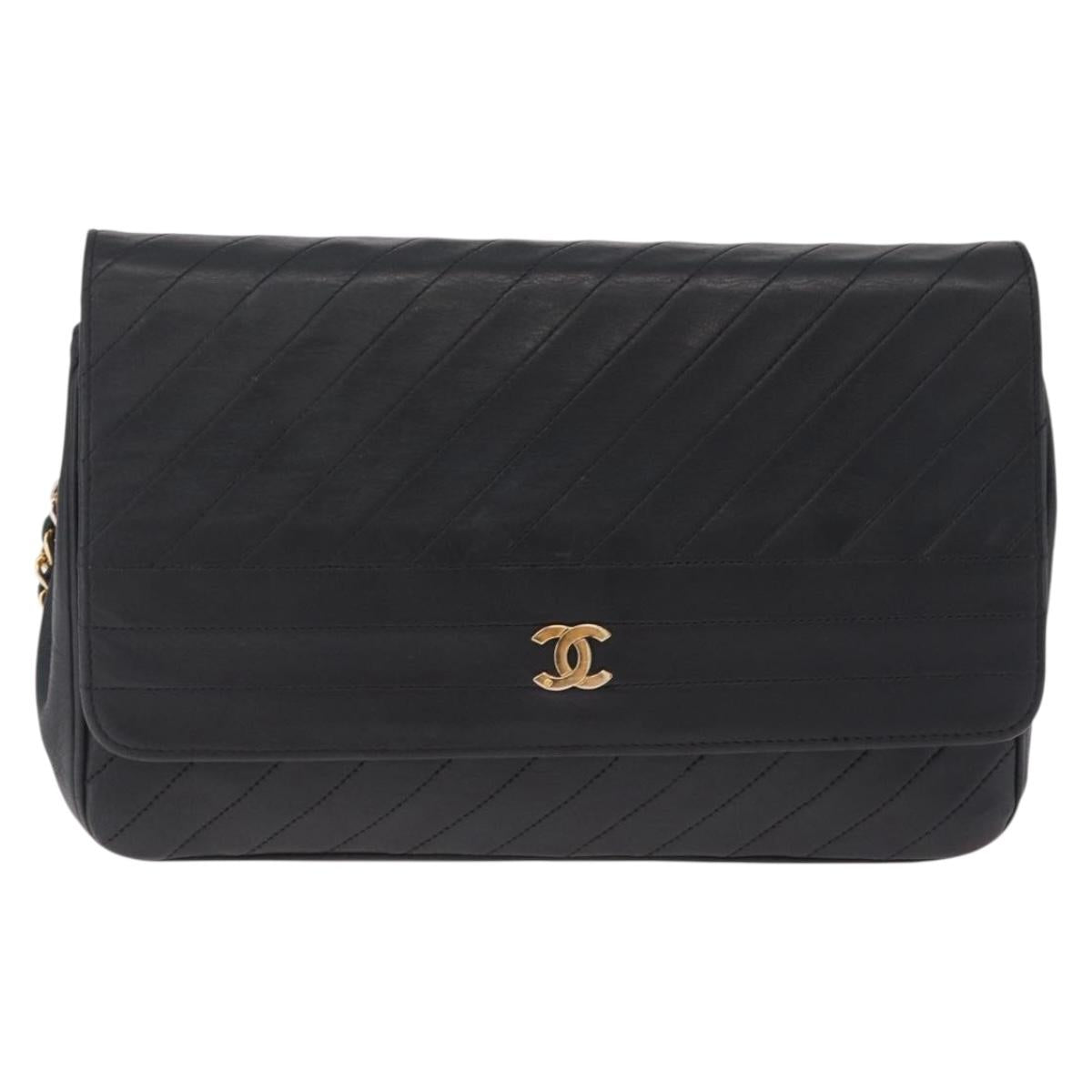 CHANEL Bias Stitch Chain Shoulder Bag Lamb Skin Black Gold CC Auth 213945A