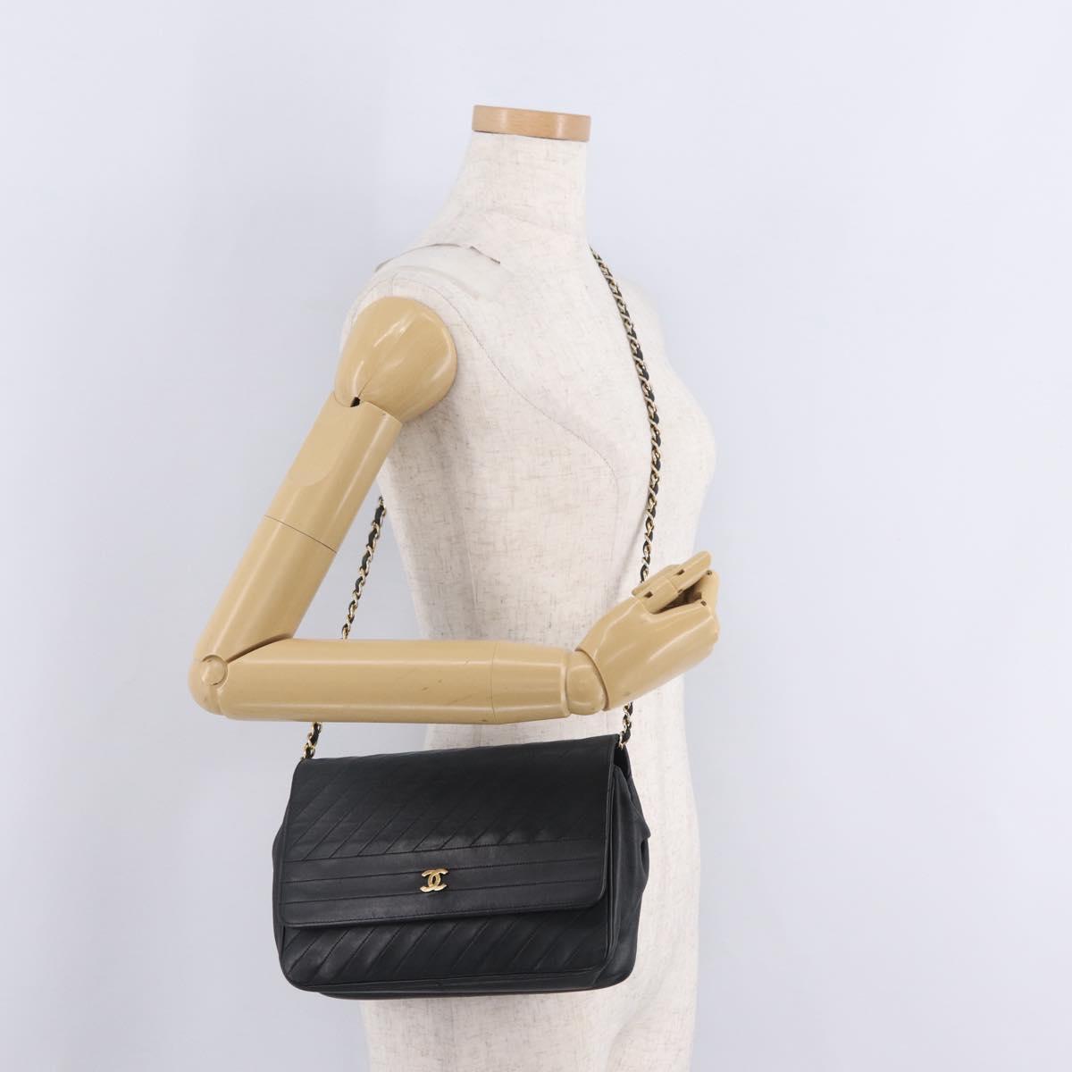 CHANEL Bias Stitch Chain Shoulder Bag Lamb Skin Black Gold CC Auth 213945A