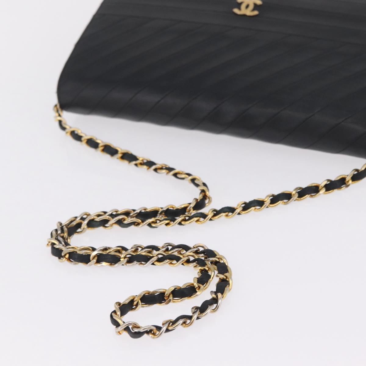 CHANEL Bias Stitch Chain Shoulder Bag Lamb Skin Black Gold CC Auth 213945A