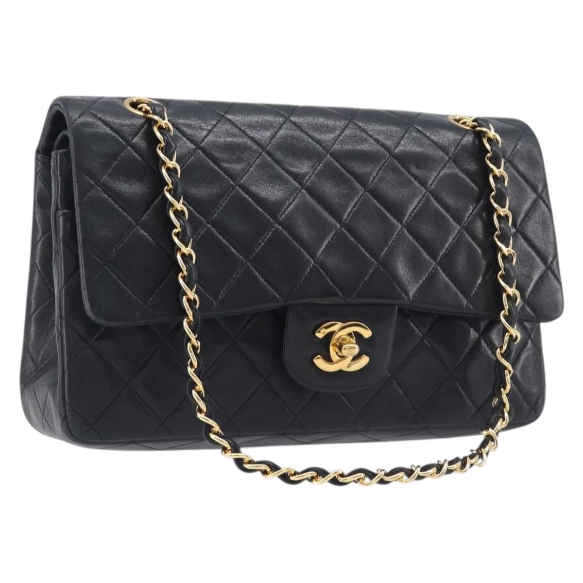 CHANEL Matelasse 25 Double Flap Chain Bag Lamb Skin Black Gold CC Auth 213975SAM