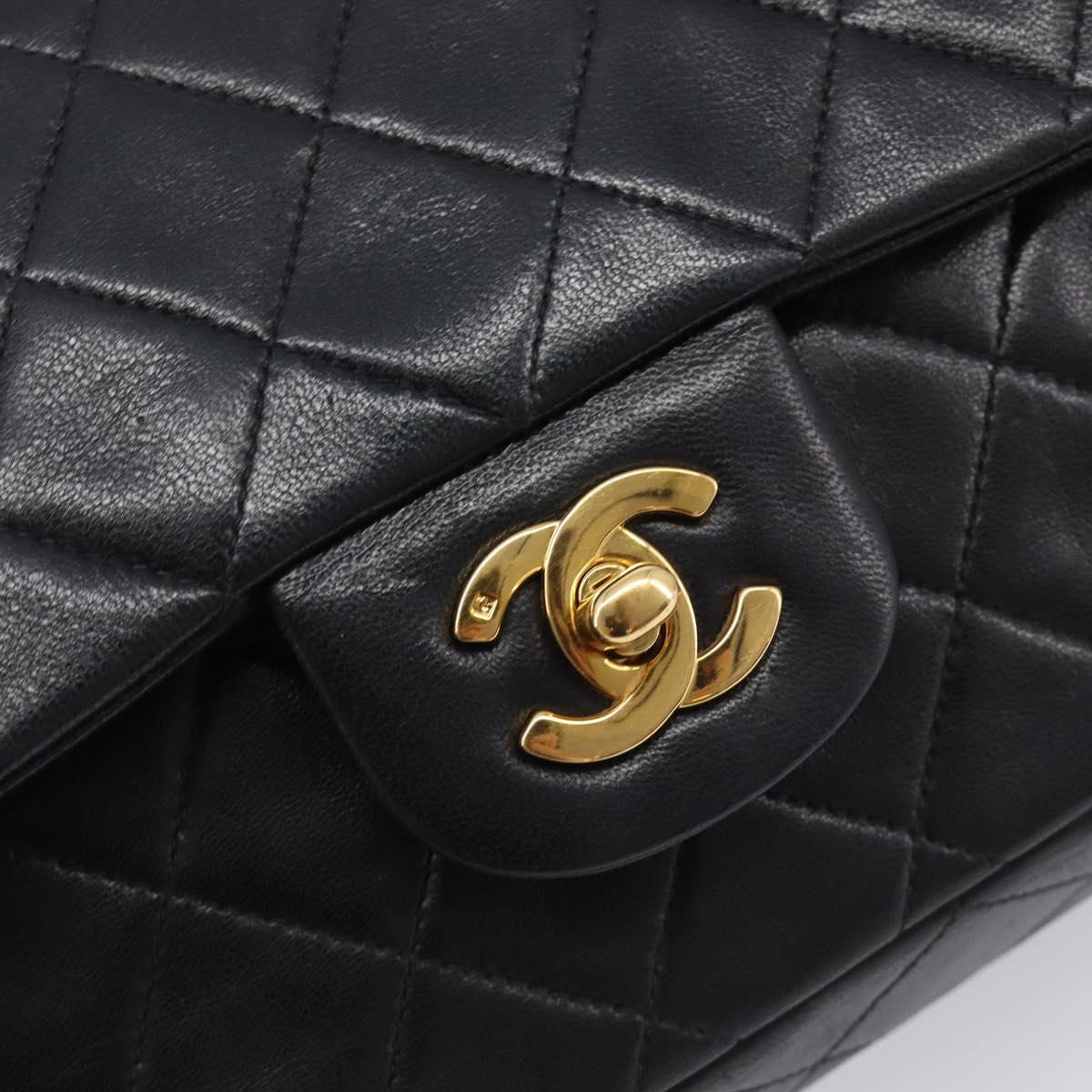 CHANEL Matelasse 25 Double Flap Chain Bag Lamb Skin Black Gold CC Auth 213975SAM