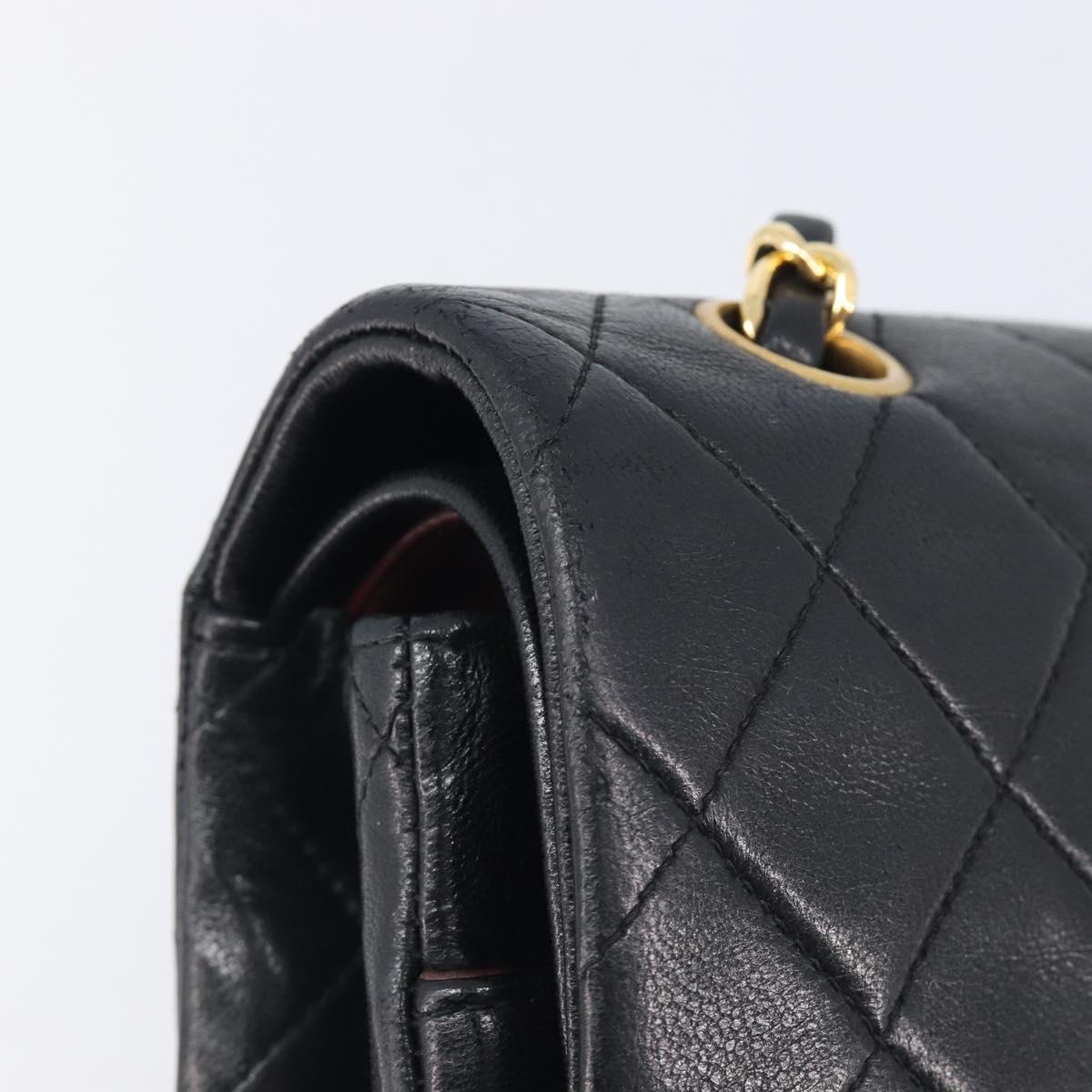 CHANEL Matelasse 25 Double Flap Chain Bag Lamb Skin Black Gold CC Auth 213975SAM