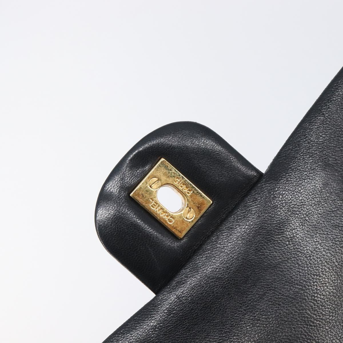 CHANEL Matelasse 25 Double Flap Chain Bag Lamb Skin Black Gold CC Auth 213975SAM