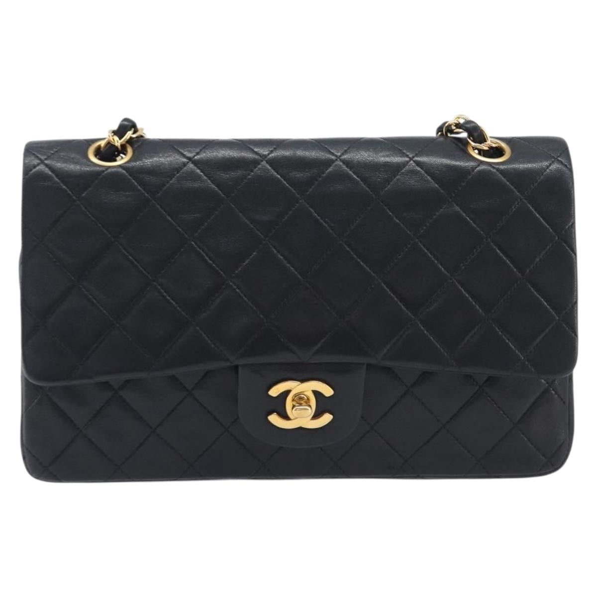 CHANEL Matelasse 25 Double Flap Chain Bag Lamb Skin Black Gold CC Auth 213975SAM