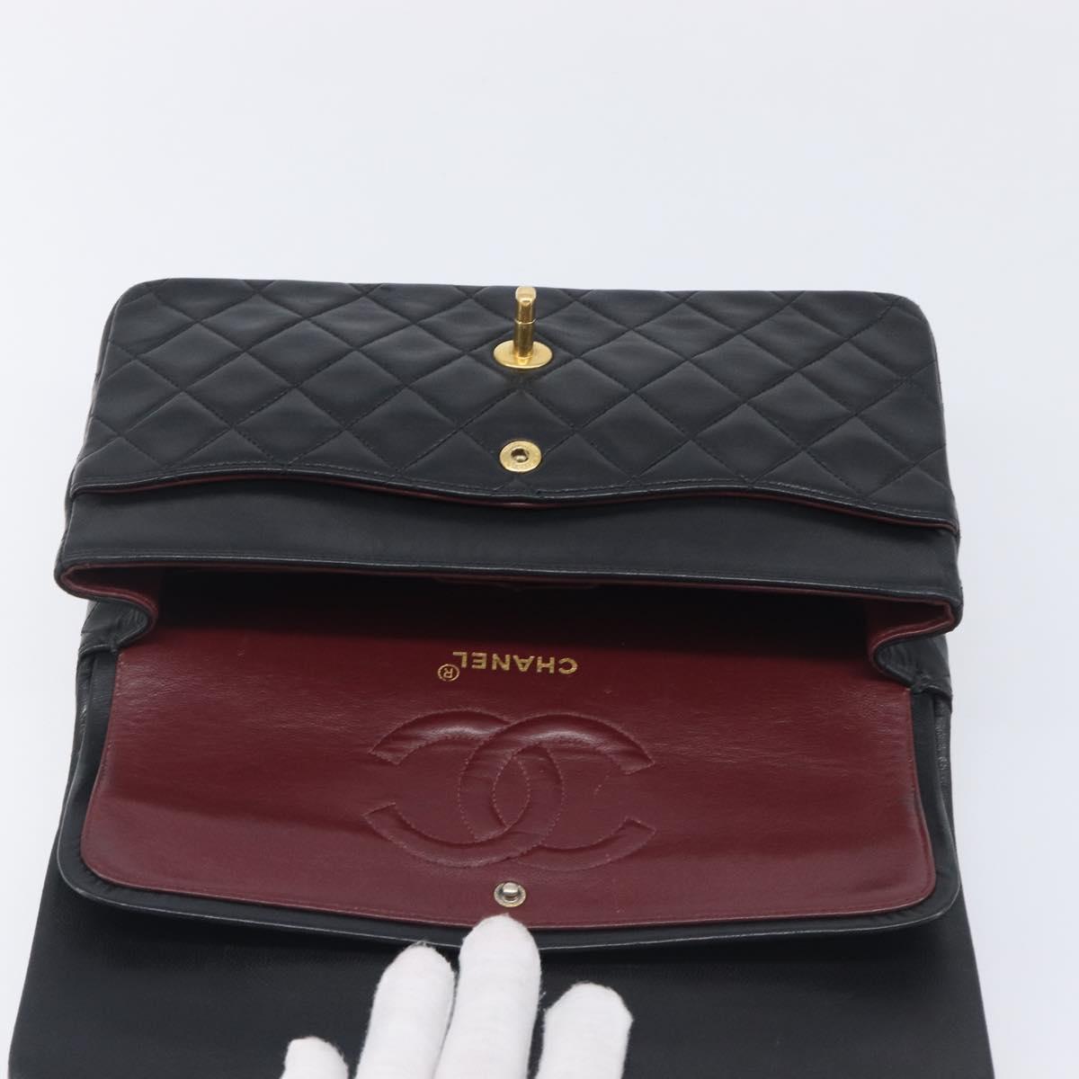 CHANEL Matelasse 25 Double Flap Chain Bag Lamb Skin Black Gold CC Auth 213975SAM