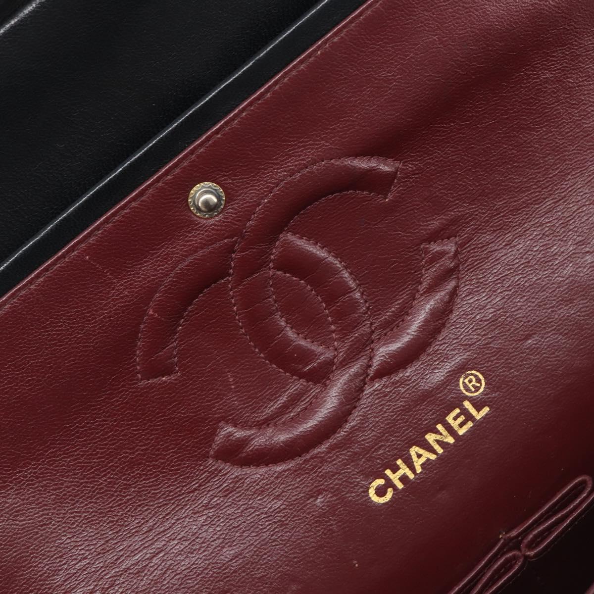 CHANEL Matelasse 25 Double Flap Chain Bag Lamb Skin Black Gold CC Auth 213975SAM