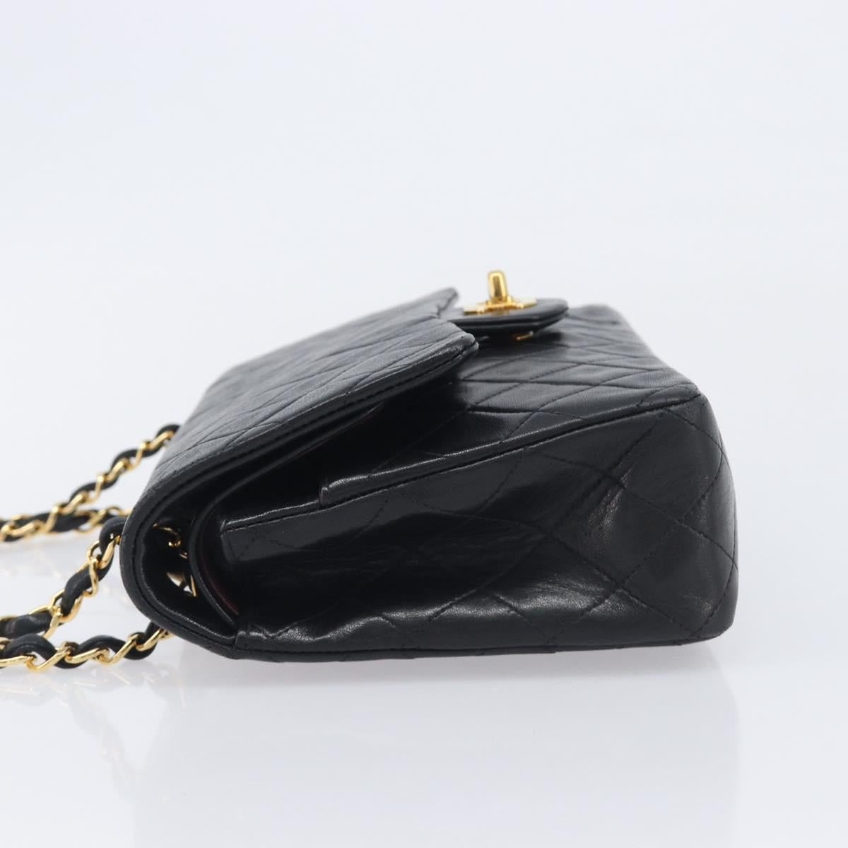 CHANEL Matelasse 25 Double Flap Chain Bag Lamb Skin Black Gold CC Auth 213975SAM
