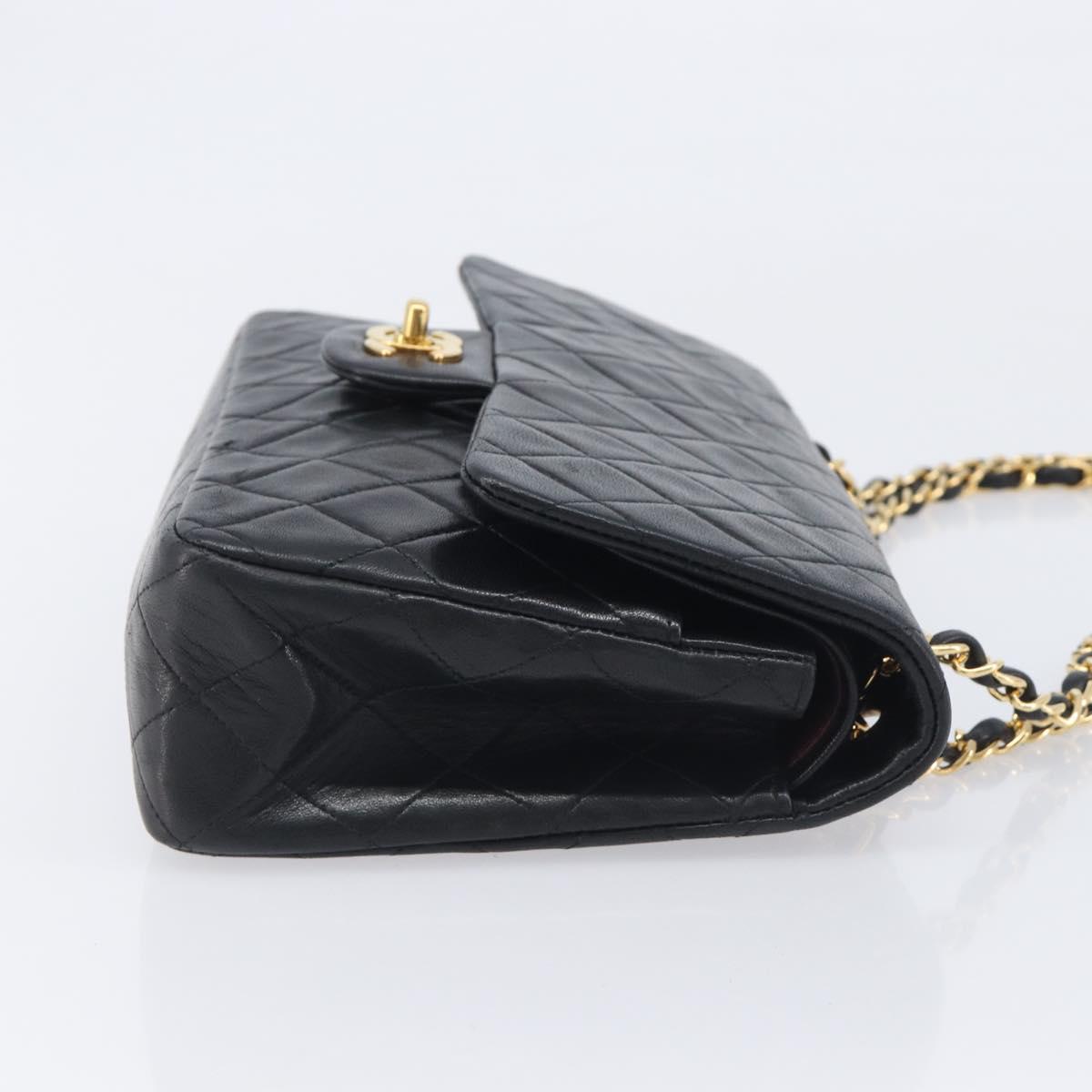 CHANEL Matelasse 25 Double Flap Chain Bag Lamb Skin Black Gold CC Auth 213975SAM