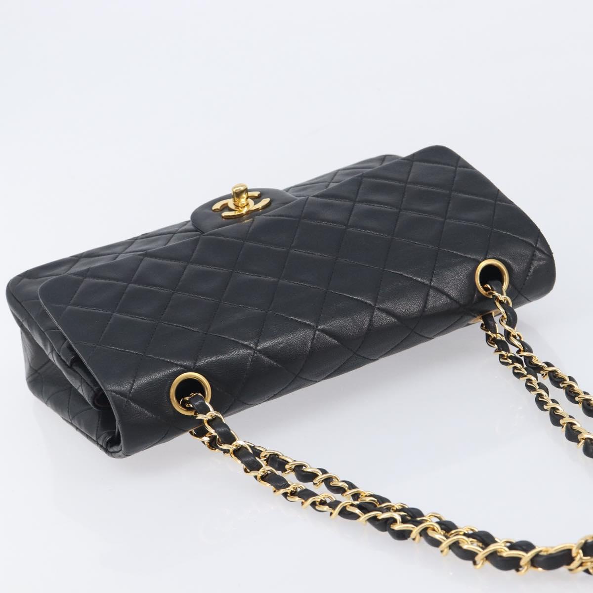 CHANEL Matelasse 25 Double Flap Chain Bag Lamb Skin Black Gold CC Auth 213975SAM