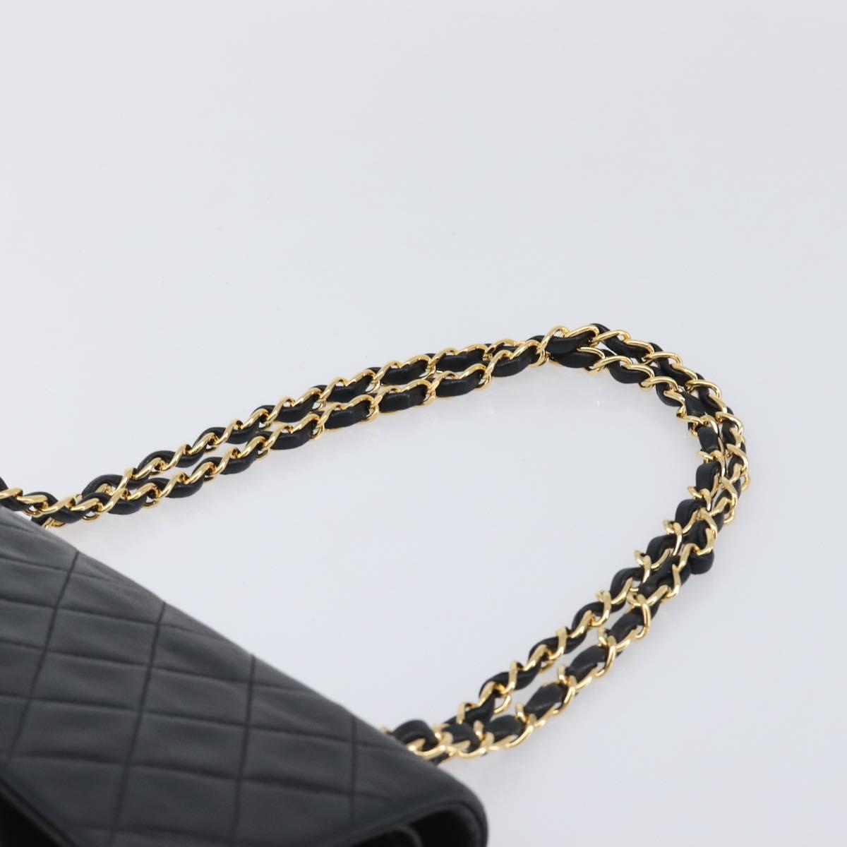 CHANEL Matelasse 25 Double Flap Chain Bag Lamb Skin Black Gold CC Auth 213975SAM