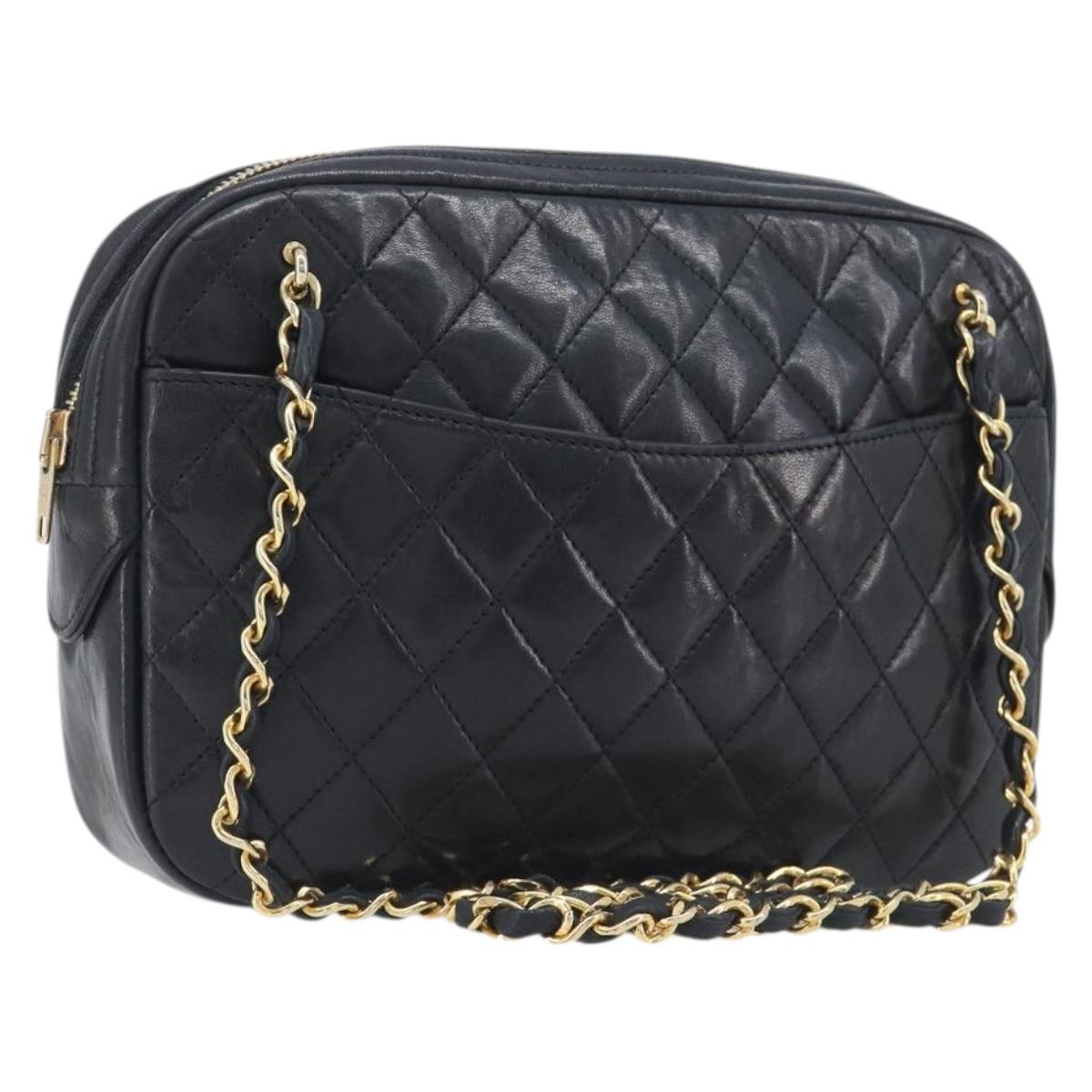 CHANEL Chain Shoulder Bag Lamb Skin Black Gold CC Auth 213976V