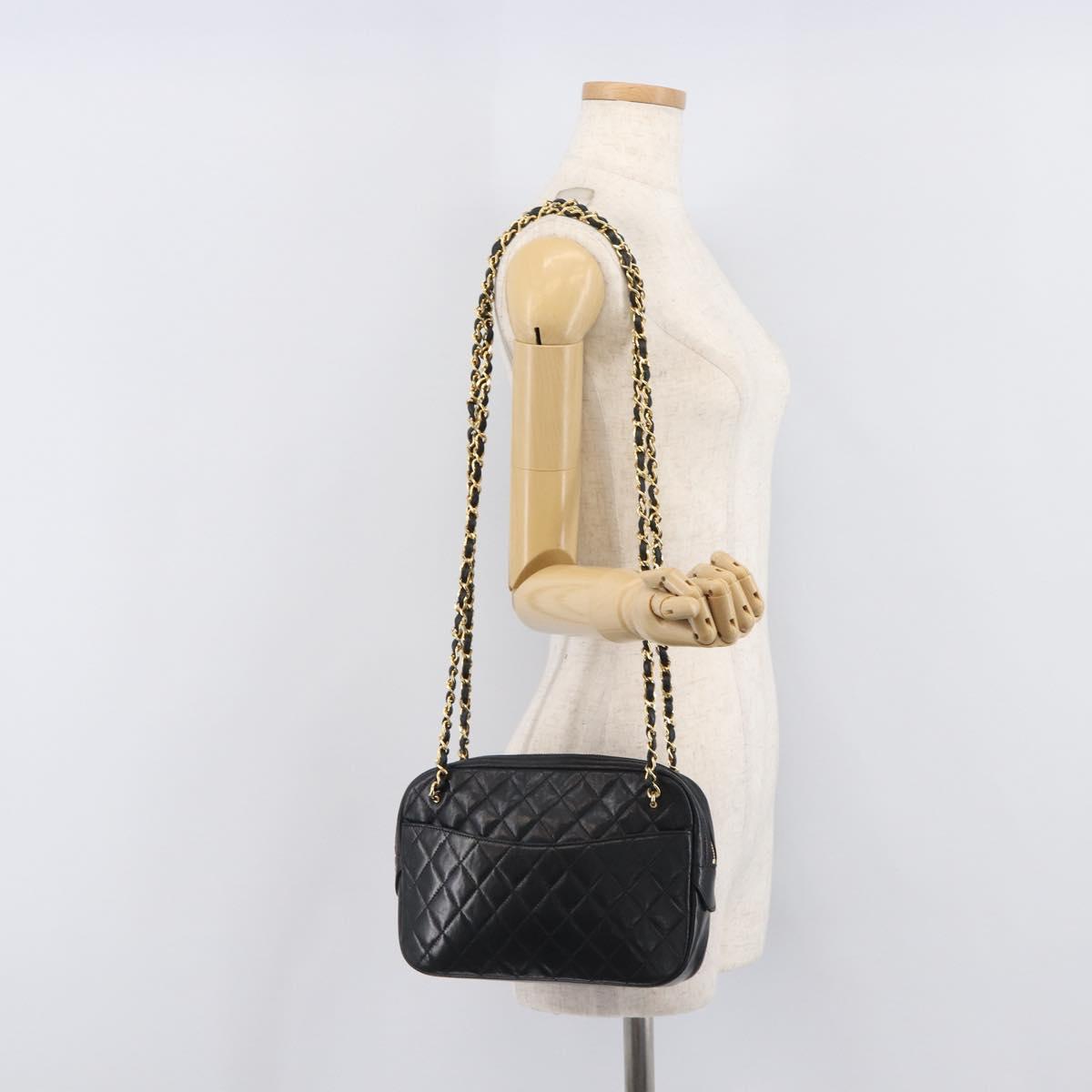 CHANEL Chain Shoulder Bag Lamb Skin Black Gold CC Auth 213976V
